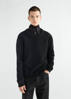 Crew-neck black alpaca wool blend sweater by lemaire worn by model front view