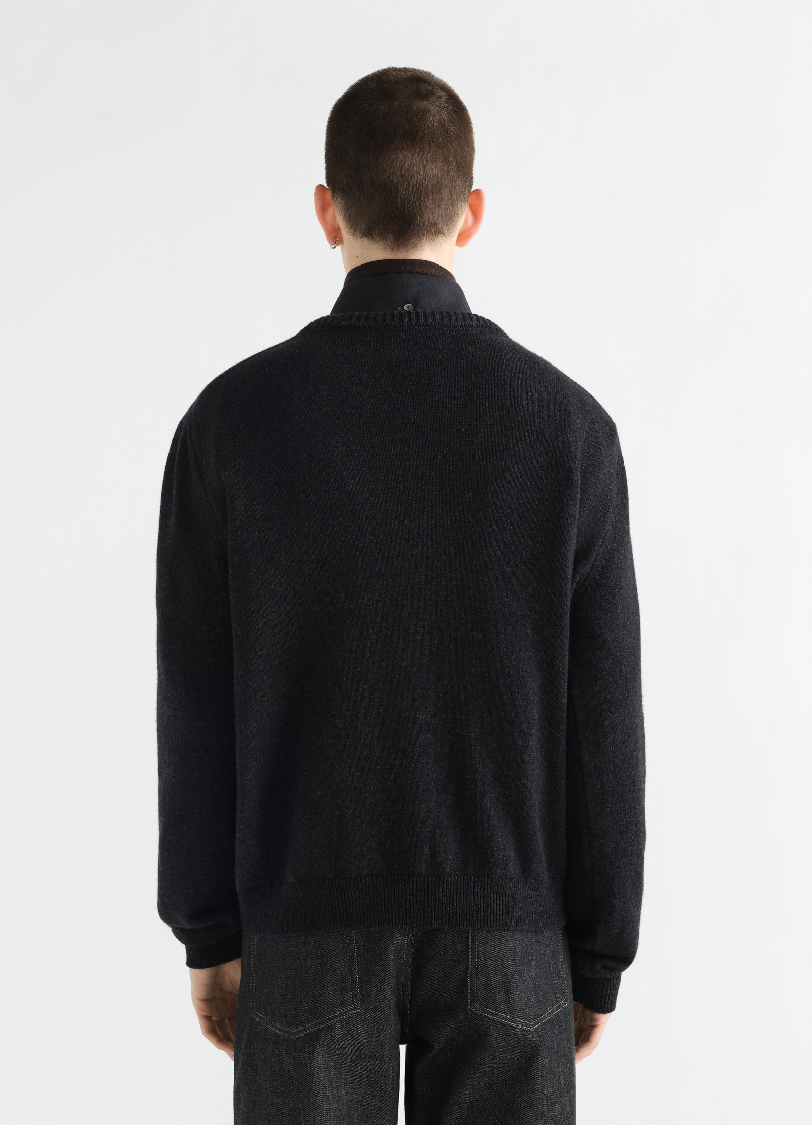 Crew-neck black alpaca wool blend sweater by lemaire worn by model back view