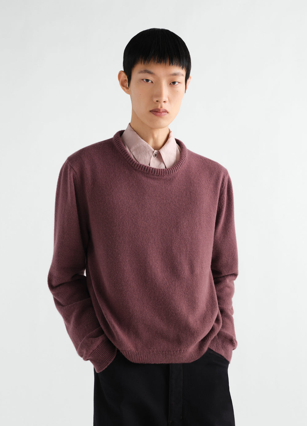 Crew-neck alpaca wool blend sweater in muted plum by LEMAIRE worn by model front view