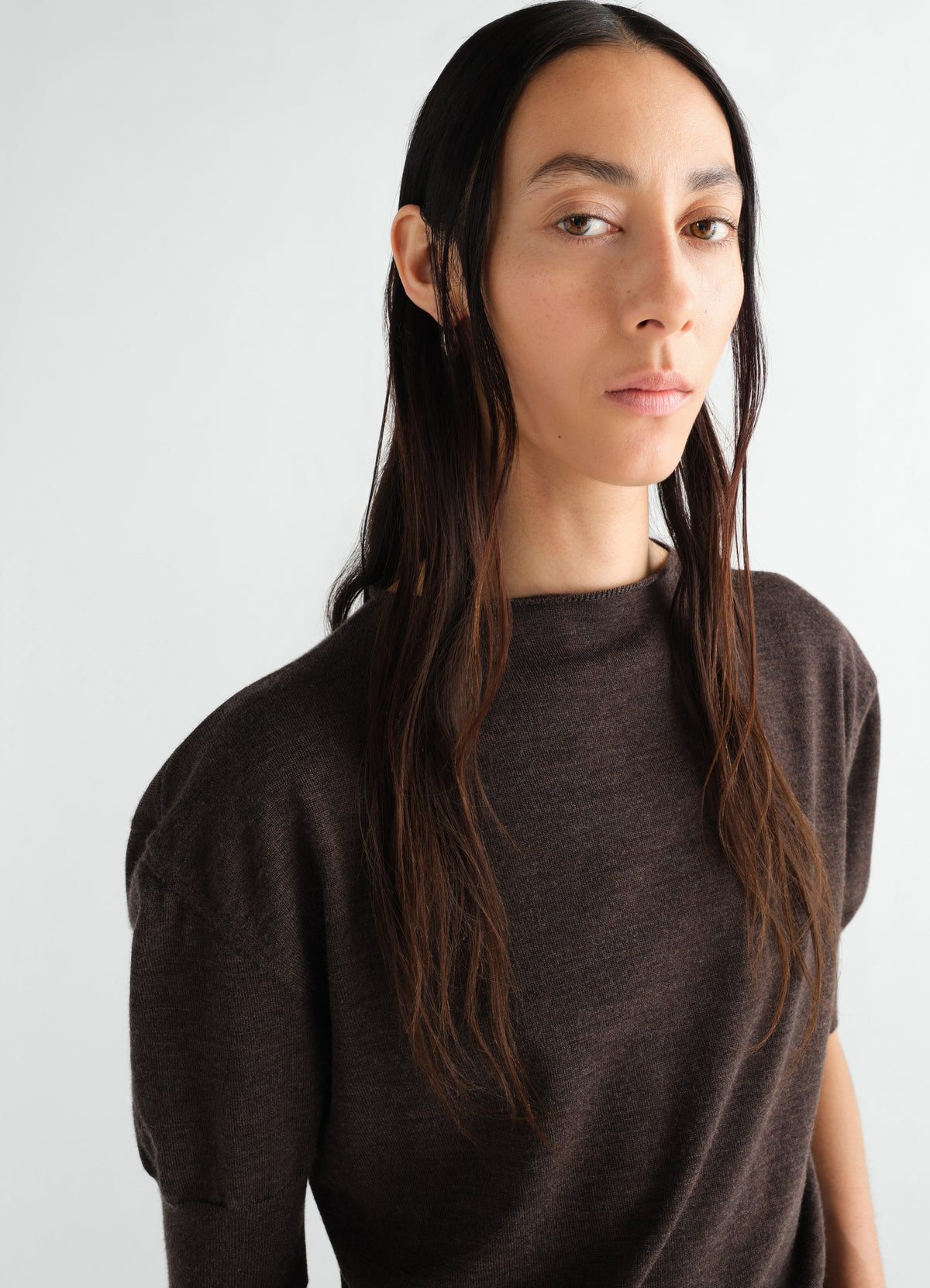 Short-sleeve dark brown fine merino wool sweater by LEMAIRE worn by model front
