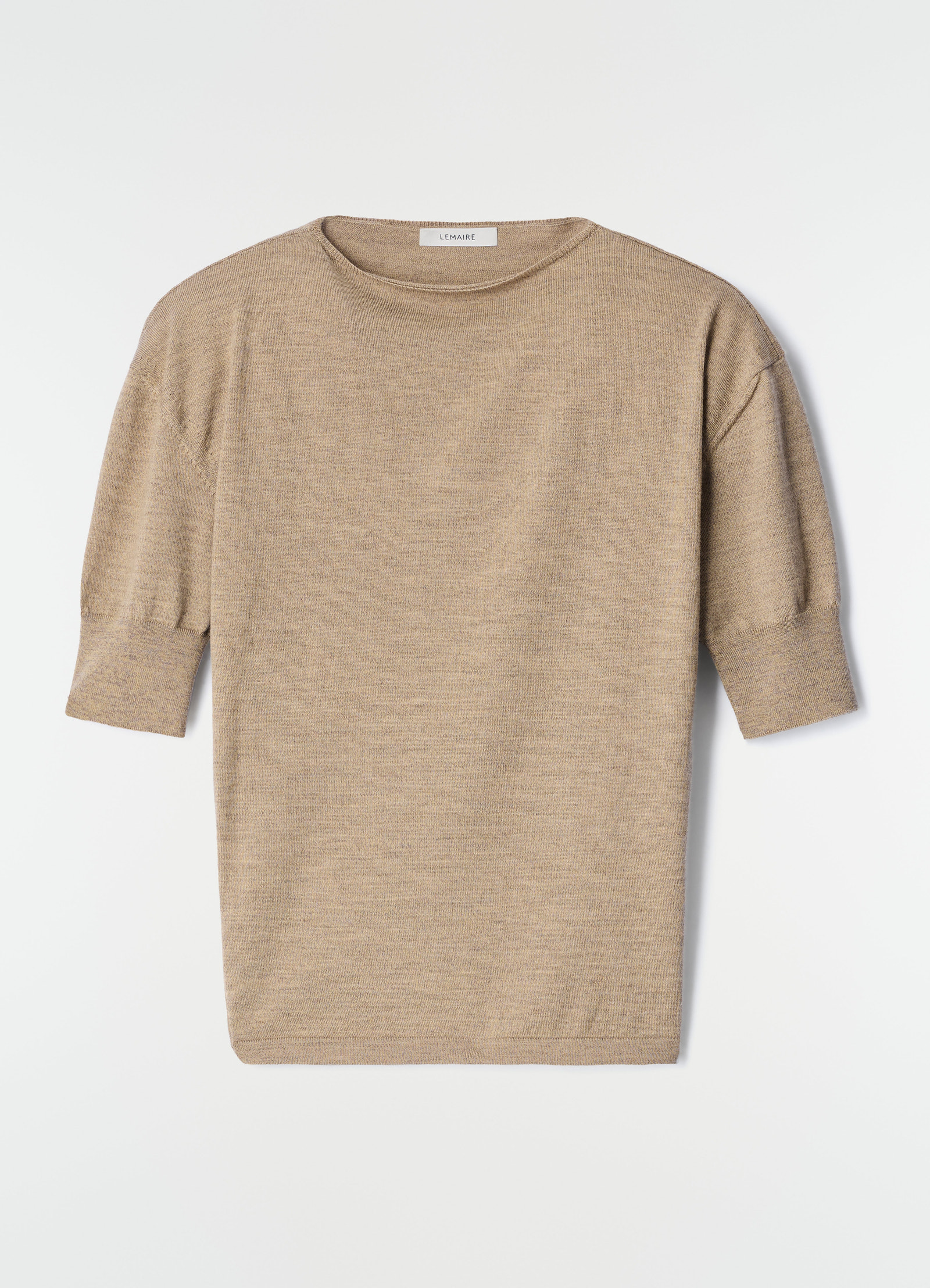 Short-sleeve beige merino wool sweater by lemaire flat lay on white background