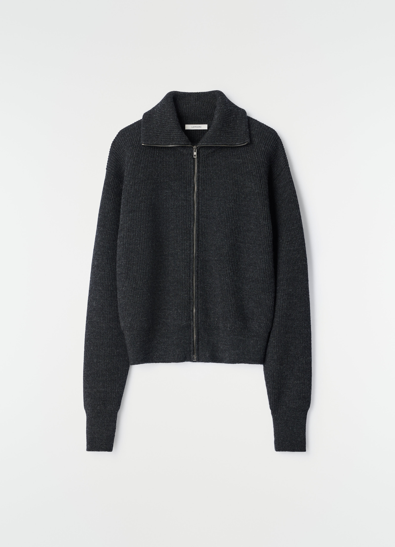 Cardigan zippé en laine vierge, coloris anthracite, présenté à plat sur fond blanc, vue de face, fermeture zippée visible