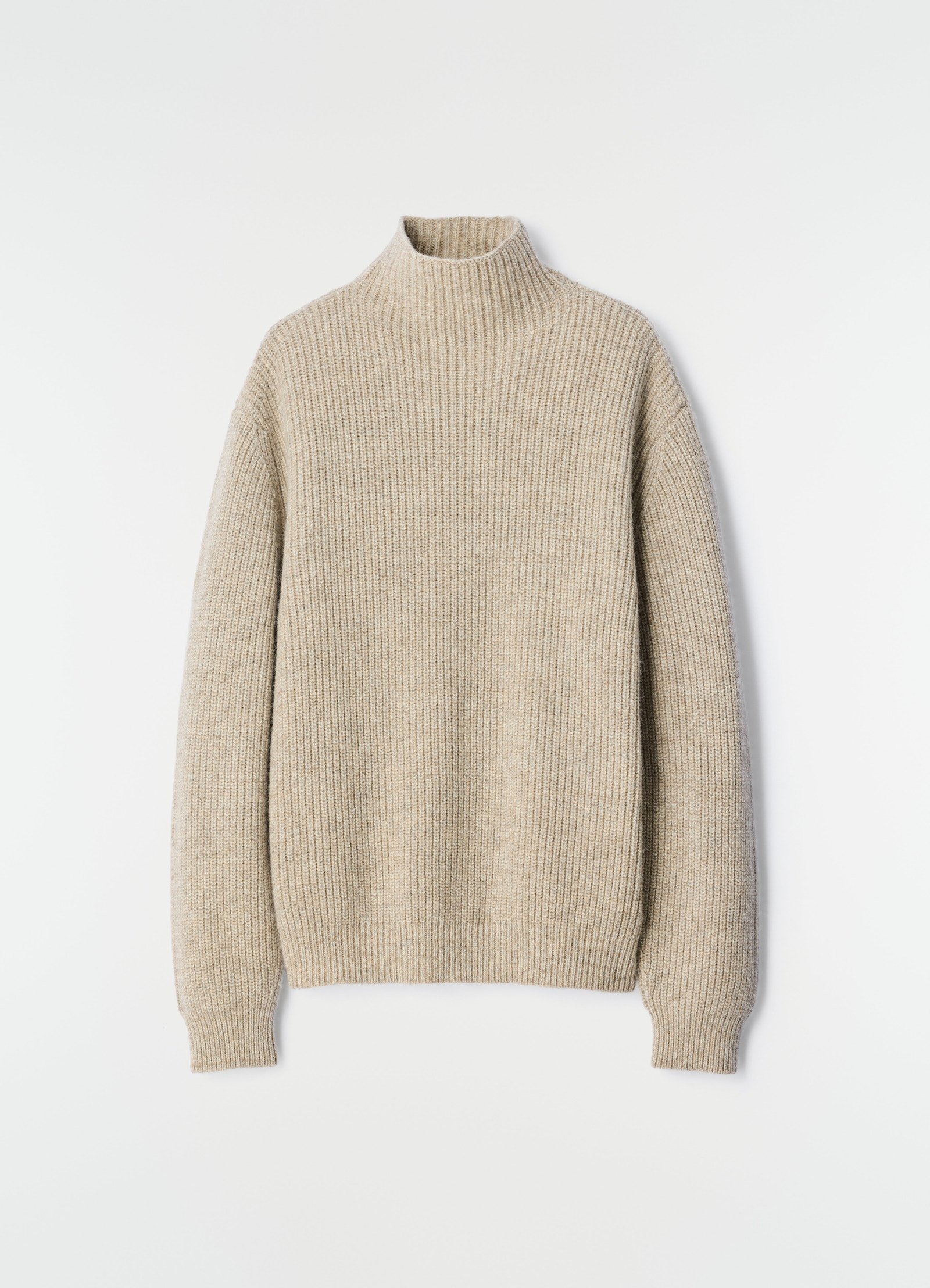 High neck beige yak alpaca sweater by lemaire flat lay on white background with ribbed texture
