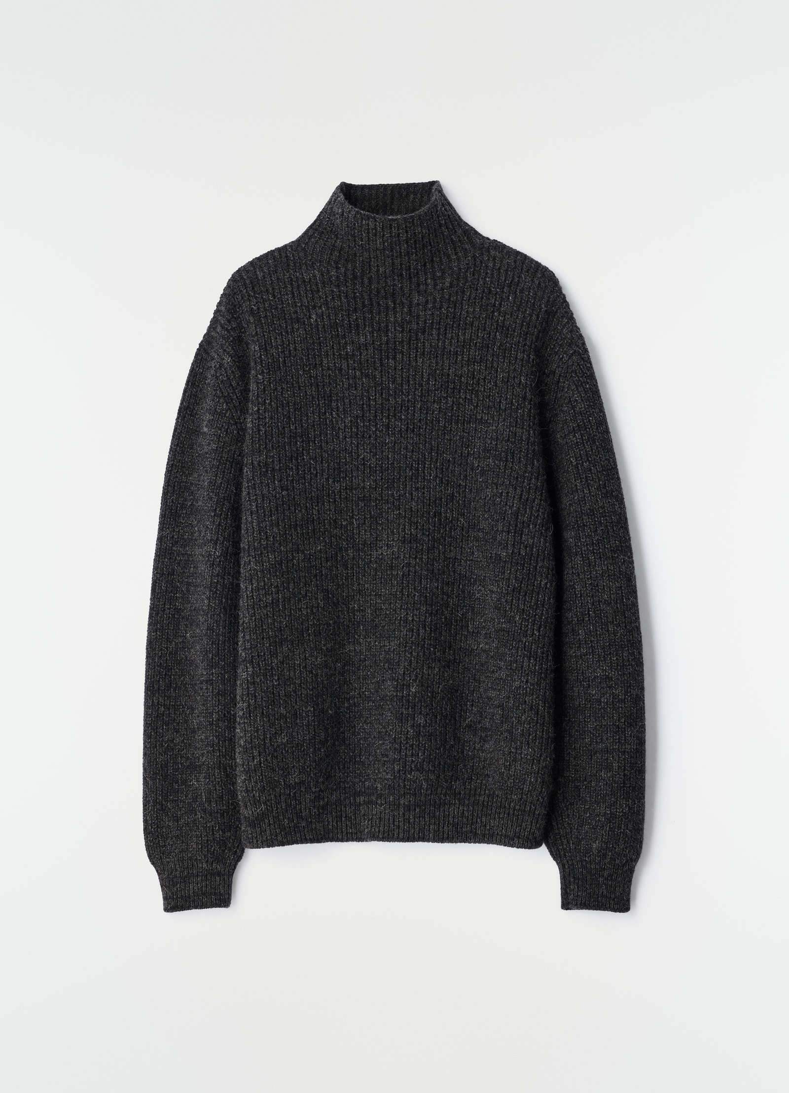 High neck dark grey yak alpaca sweater in ribbed knit by lemaire on plain white background