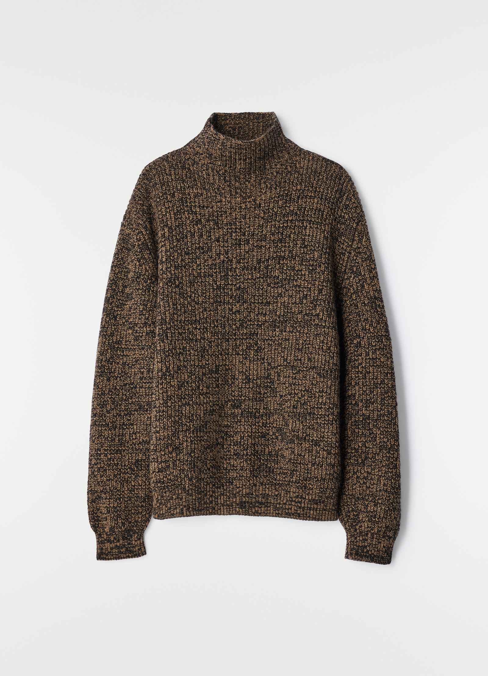 High neck yak alpaca knit sweater in brown black melange by lemaire on plain white background