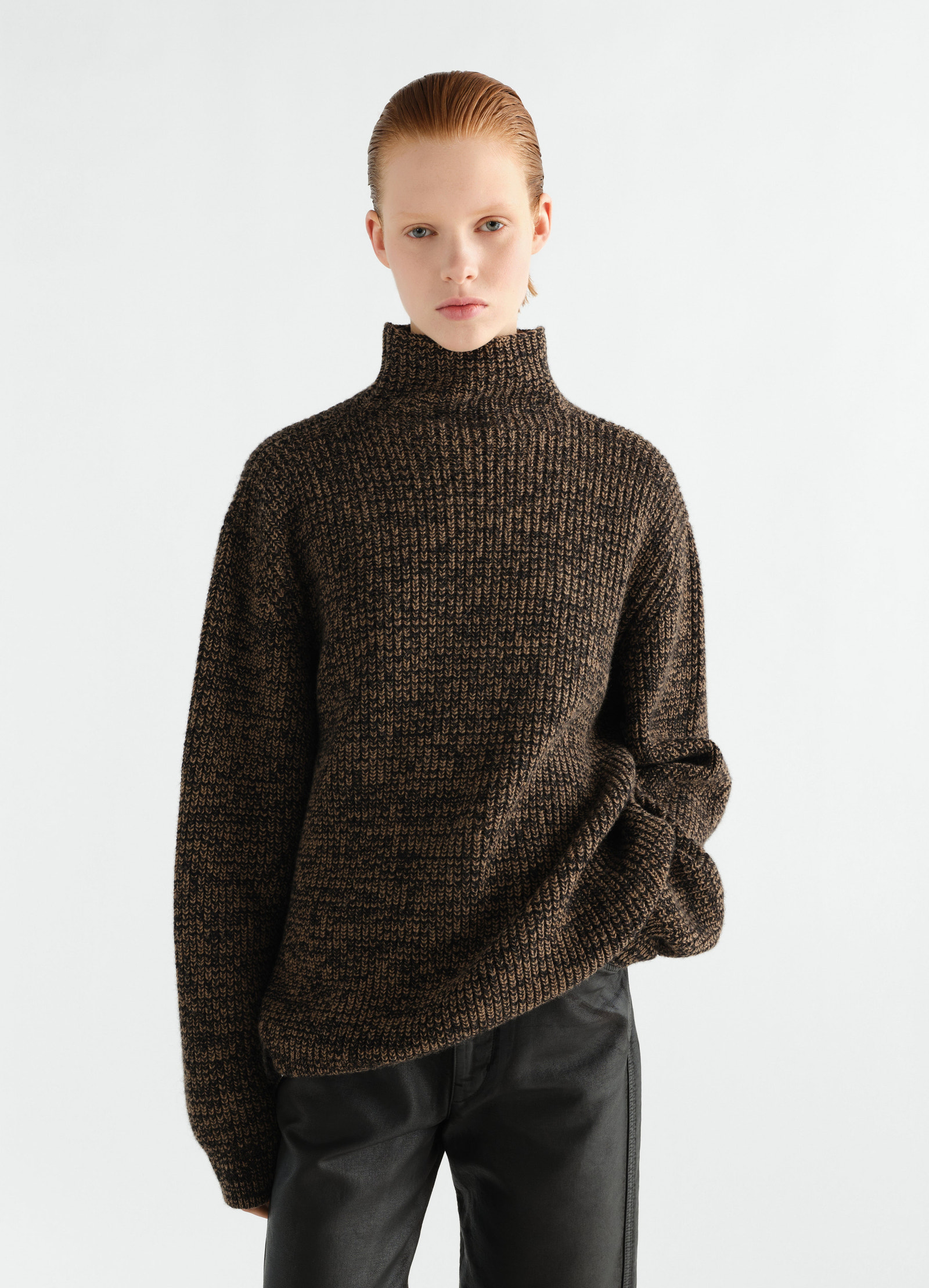 High neck brown wool blend sweater worn by model front view lemaire
