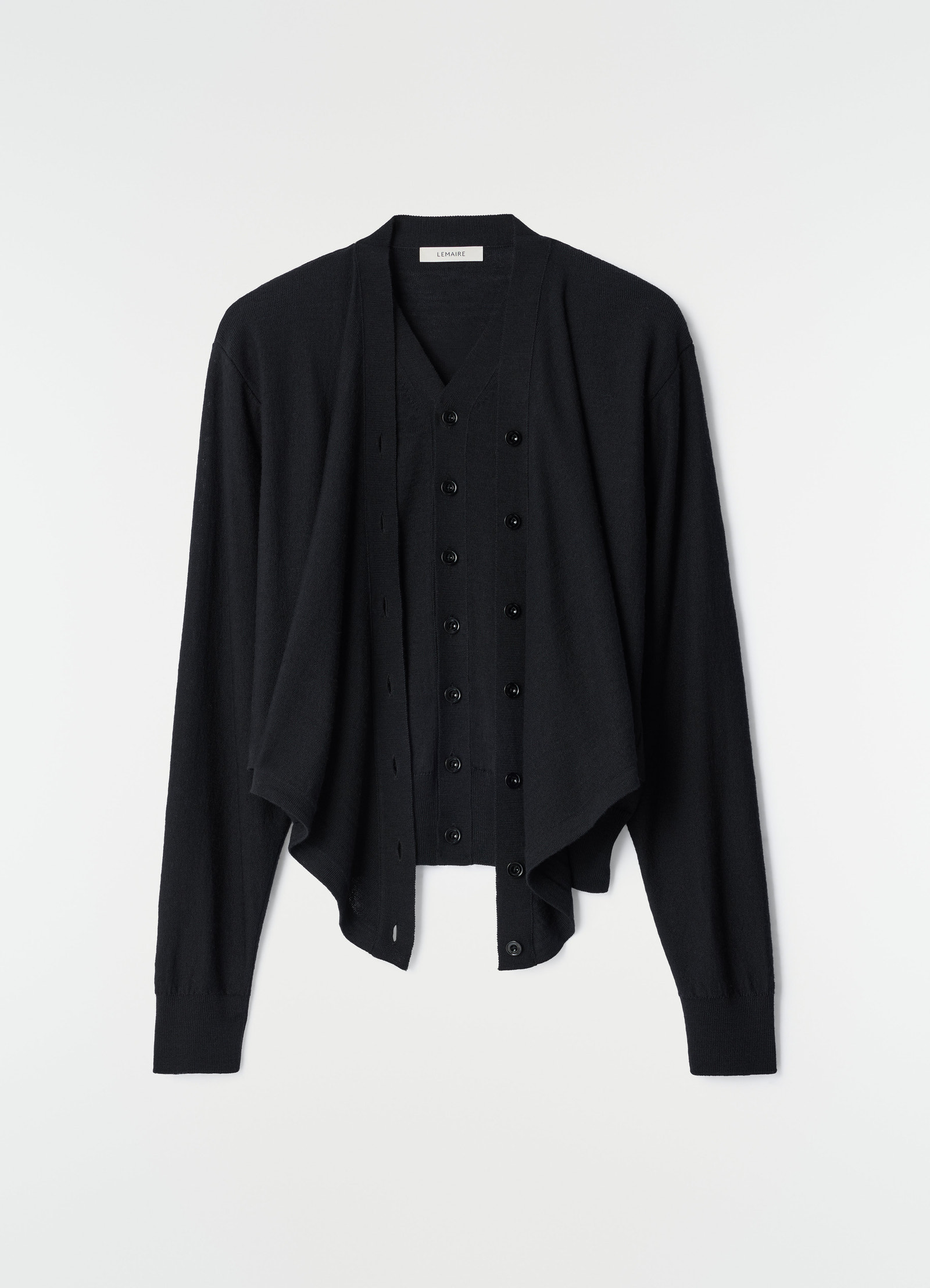 Trompe-l’œil black merino wool blend cardigan by lemaire front flat lay on white background