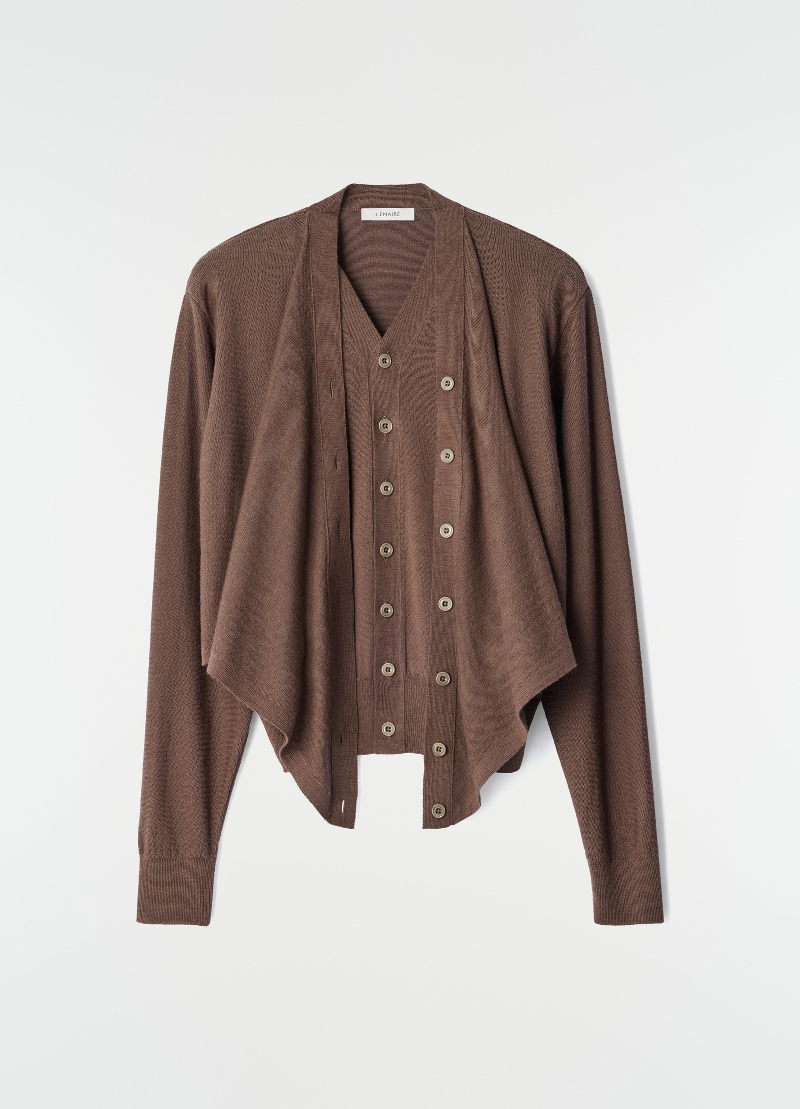 Trompe-l’œil brown merino wool blend cardigan with button detail by lemaire on plain white background
