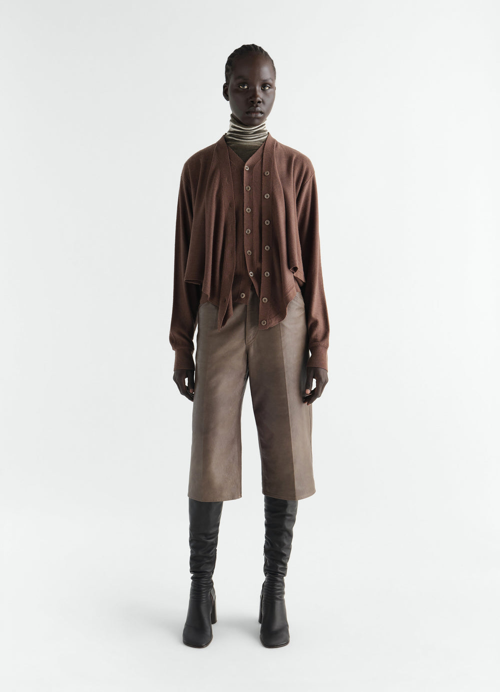 Trompe-L’Œil cardigan in brown merino wool blend by LEMAIRE worn by model front view