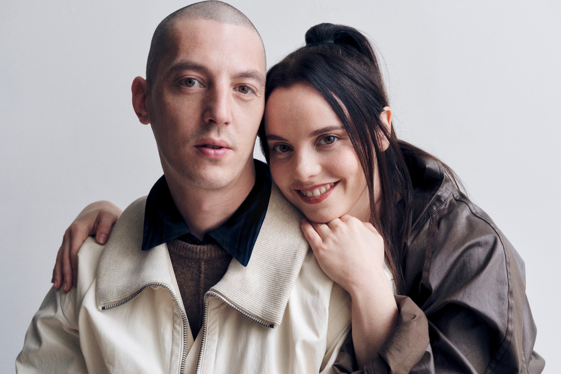 Outerwear jacket in Beige and brown fabric, model shot, Front view Casual fit