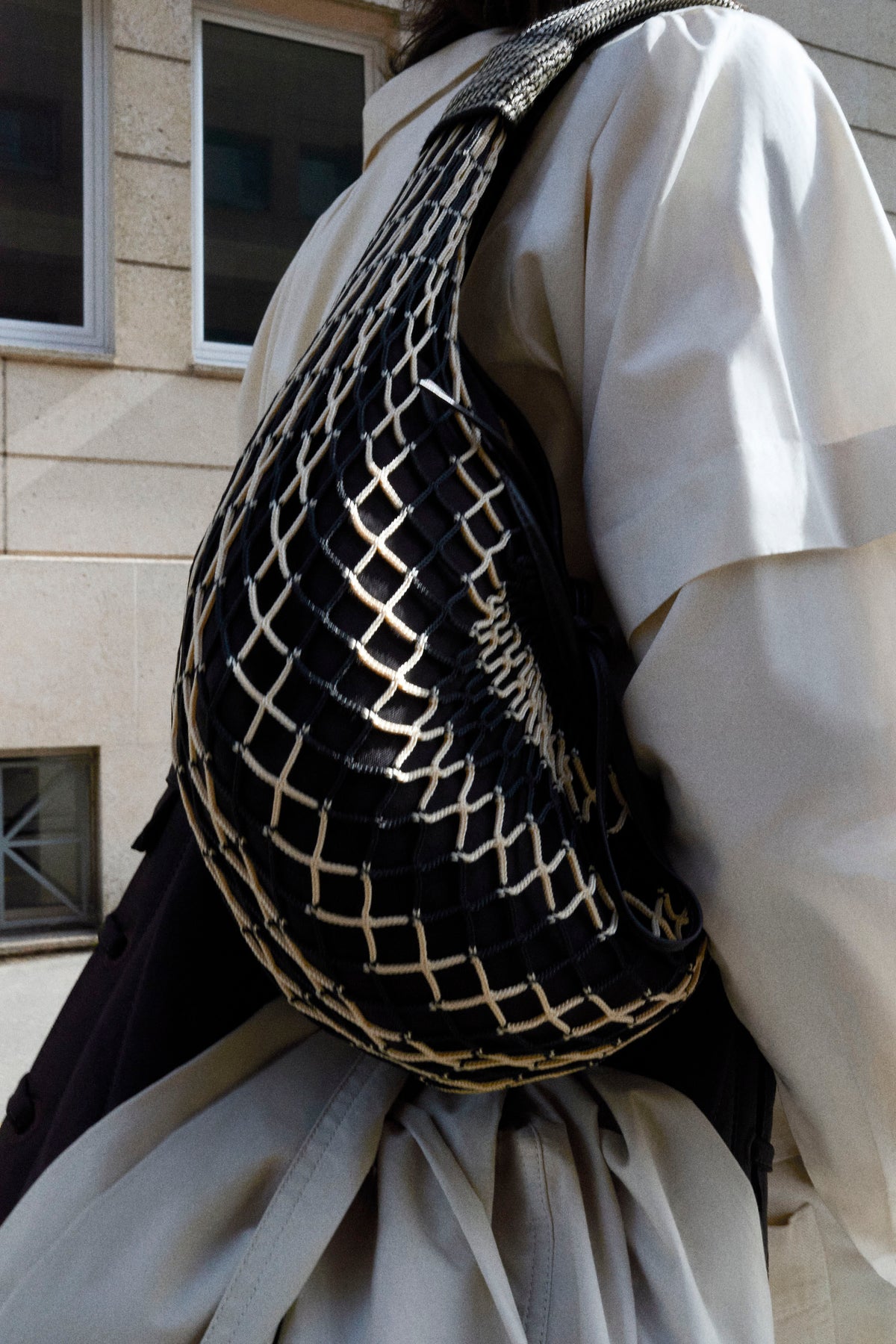 Fortune Croissant Filt Bag in Black Nylon Net, product shot, Front View Removable Inner Bag