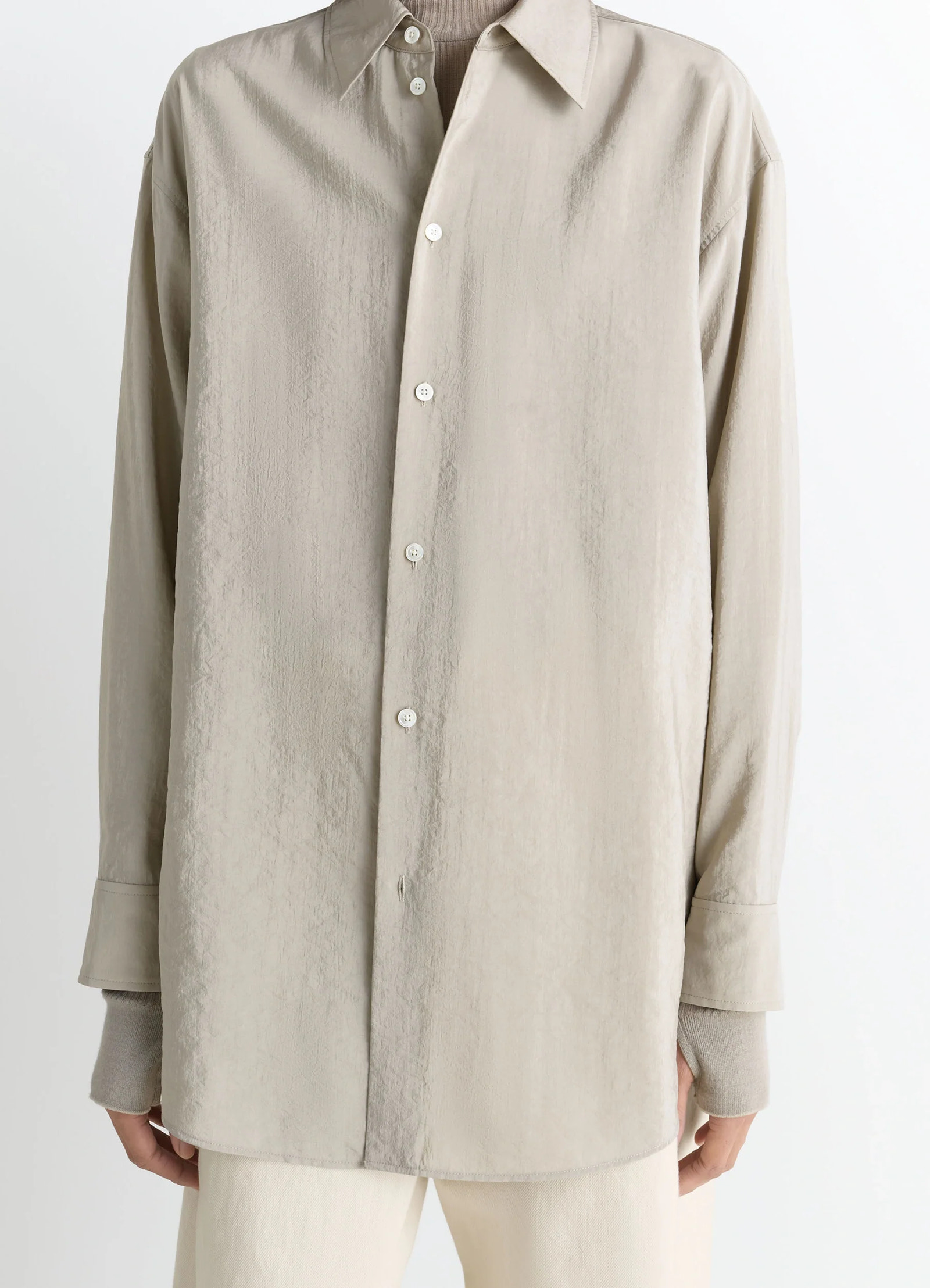 Lemaire long shirt with tie in dry silk blend, model shot, detail shot buttoned cuffs