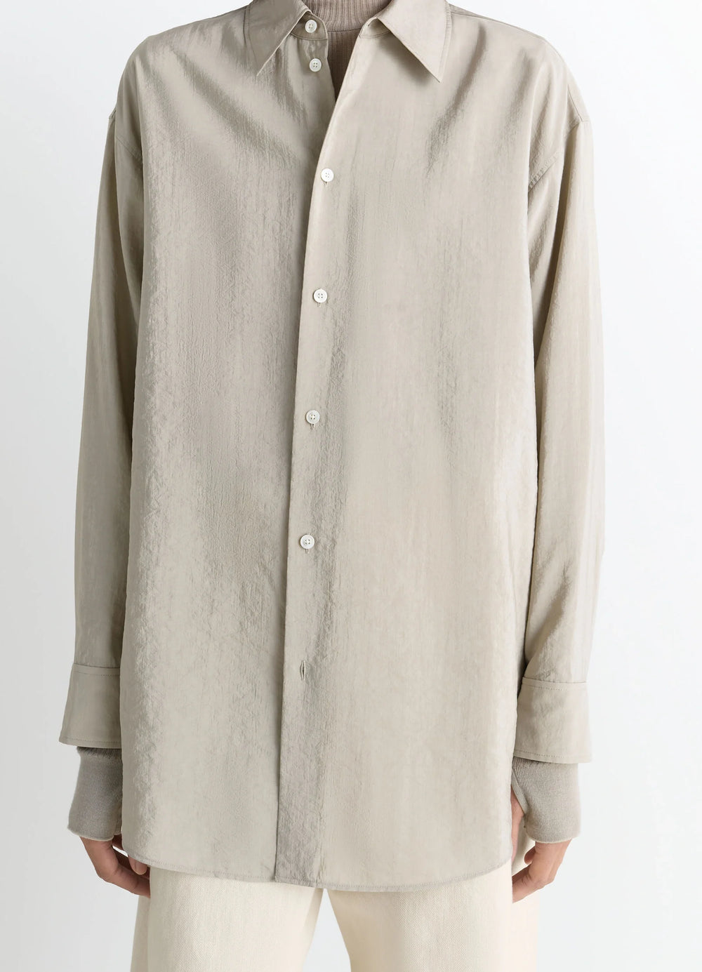 Lemaire Long Shirt with Tie in Dry Silk Blend, model shot, detail shot buttoned cuffs