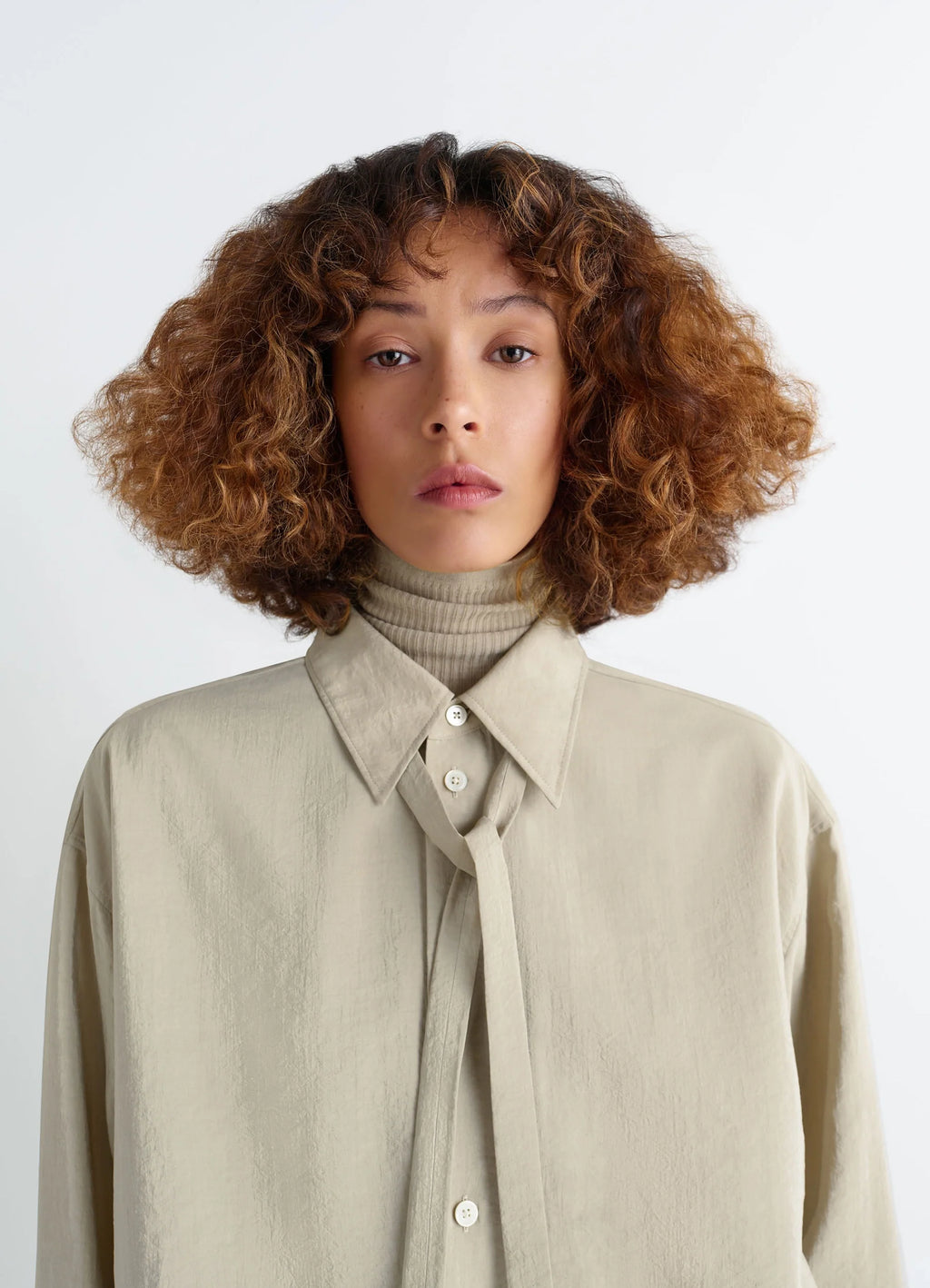 Lemaire Long Shirt with Tie in Dry Silk Blend, model shot, close-up view necktie style collar