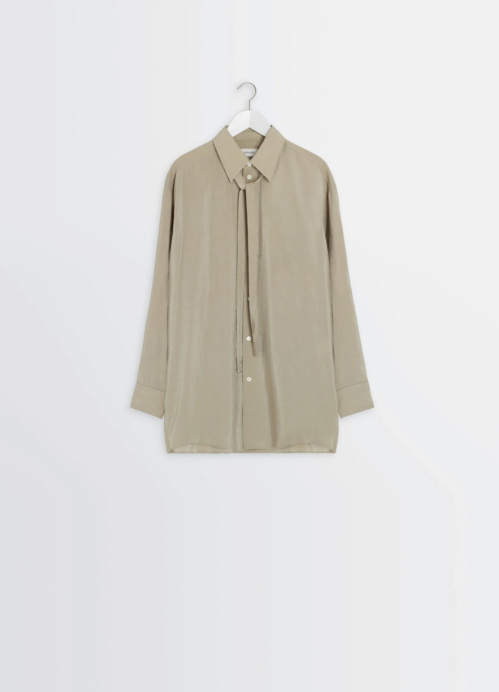 Lemaire Long Shirt with Tie in Dry Silk Blend, product shot, hanging display view straight cut and unbuttoned front