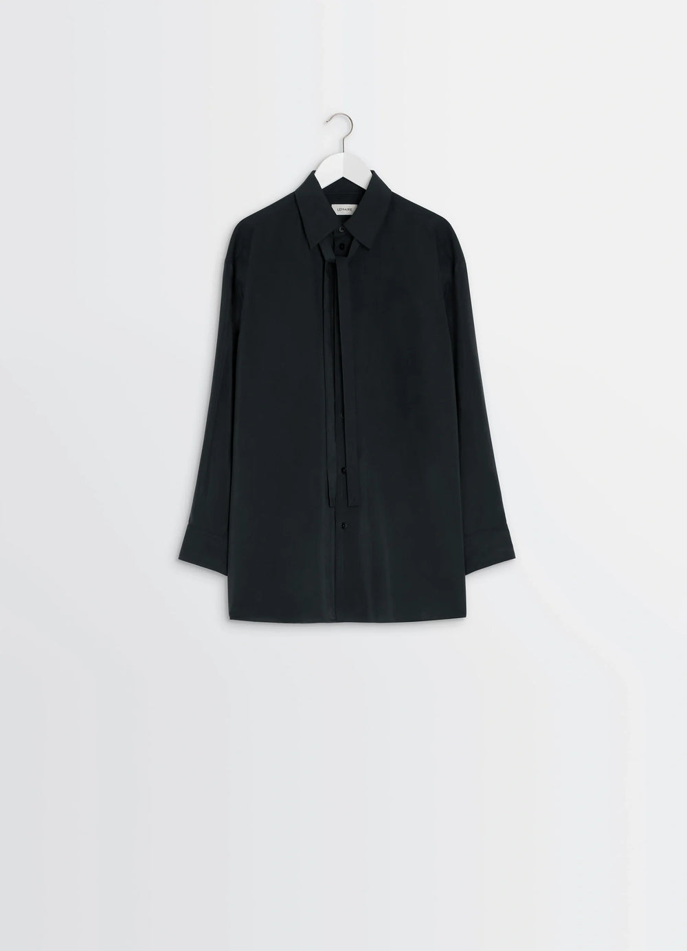 Lemaire Long Shirt with Tie in Black Dry Silk Blend, product shot, side hanging view necktie-style tied