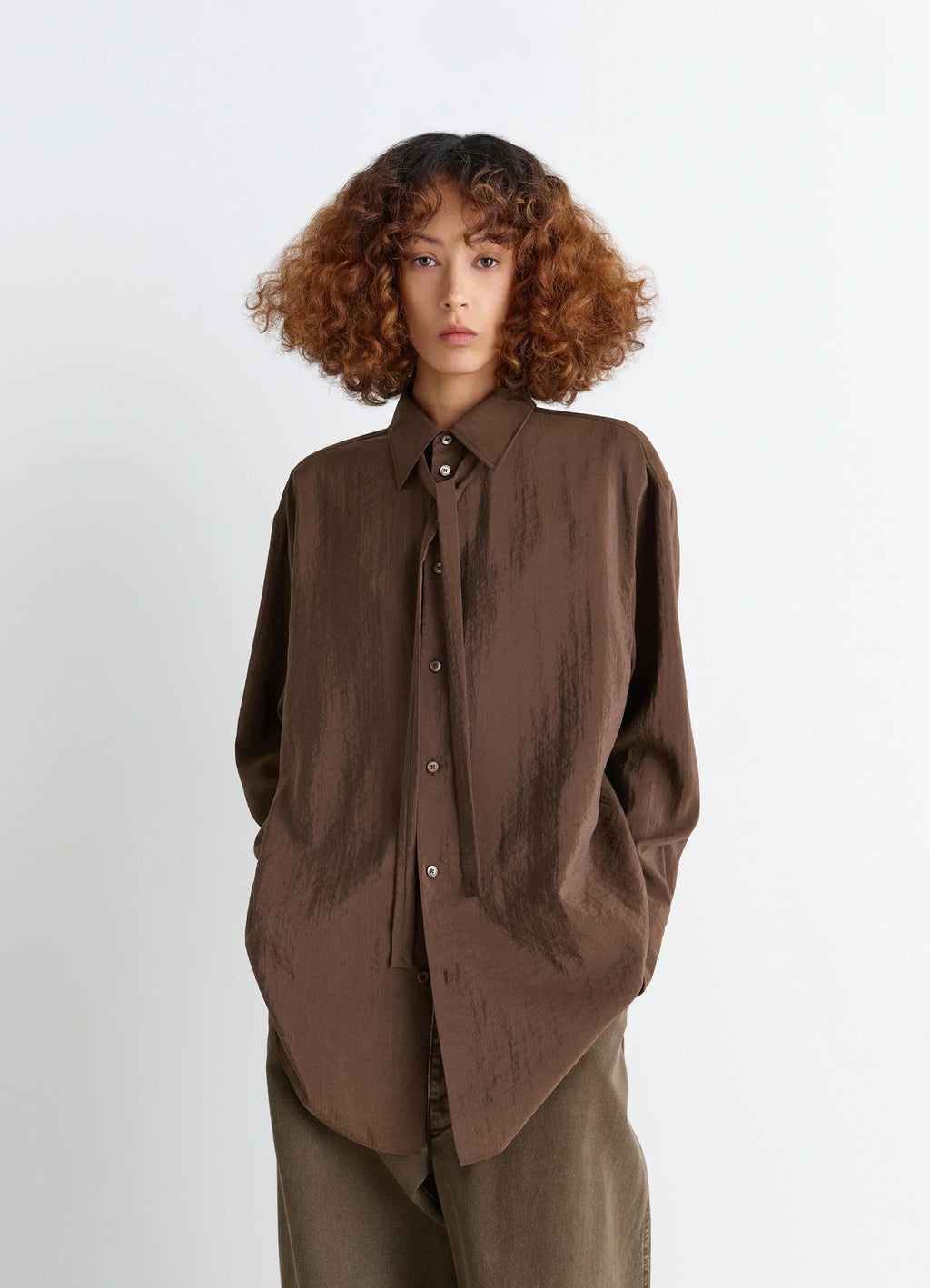 Lemaire Long Shirt with Tie in Dry Silk Blend, model shot, Front view Oversized fit
