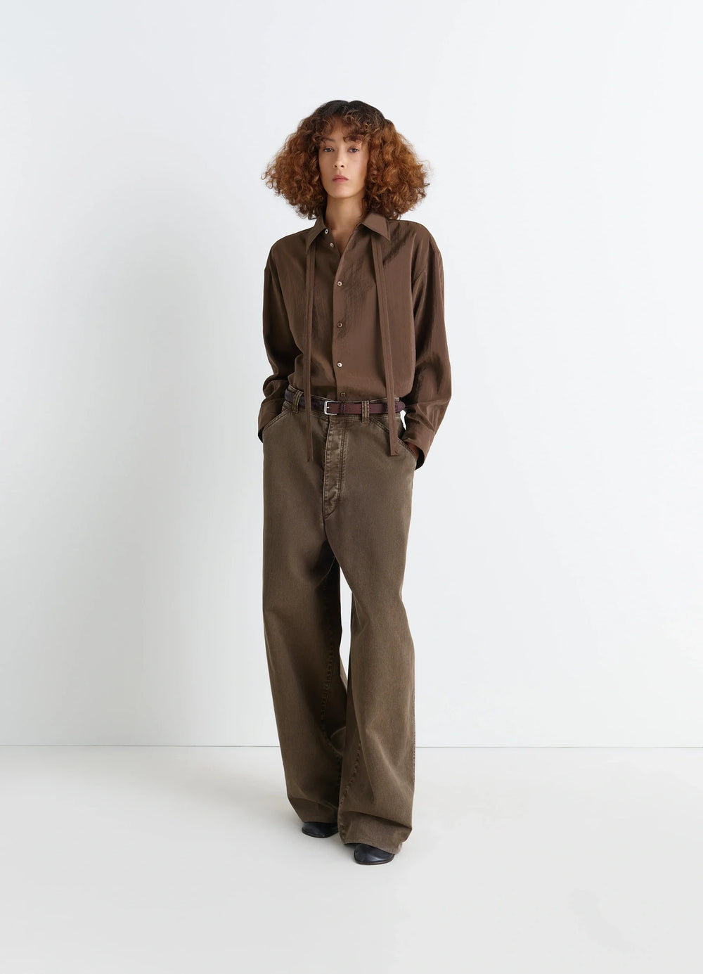 Lemaire Long Shirt with Tie in Dry Silk Blend, model shot, three-quarter view necktie-style tie