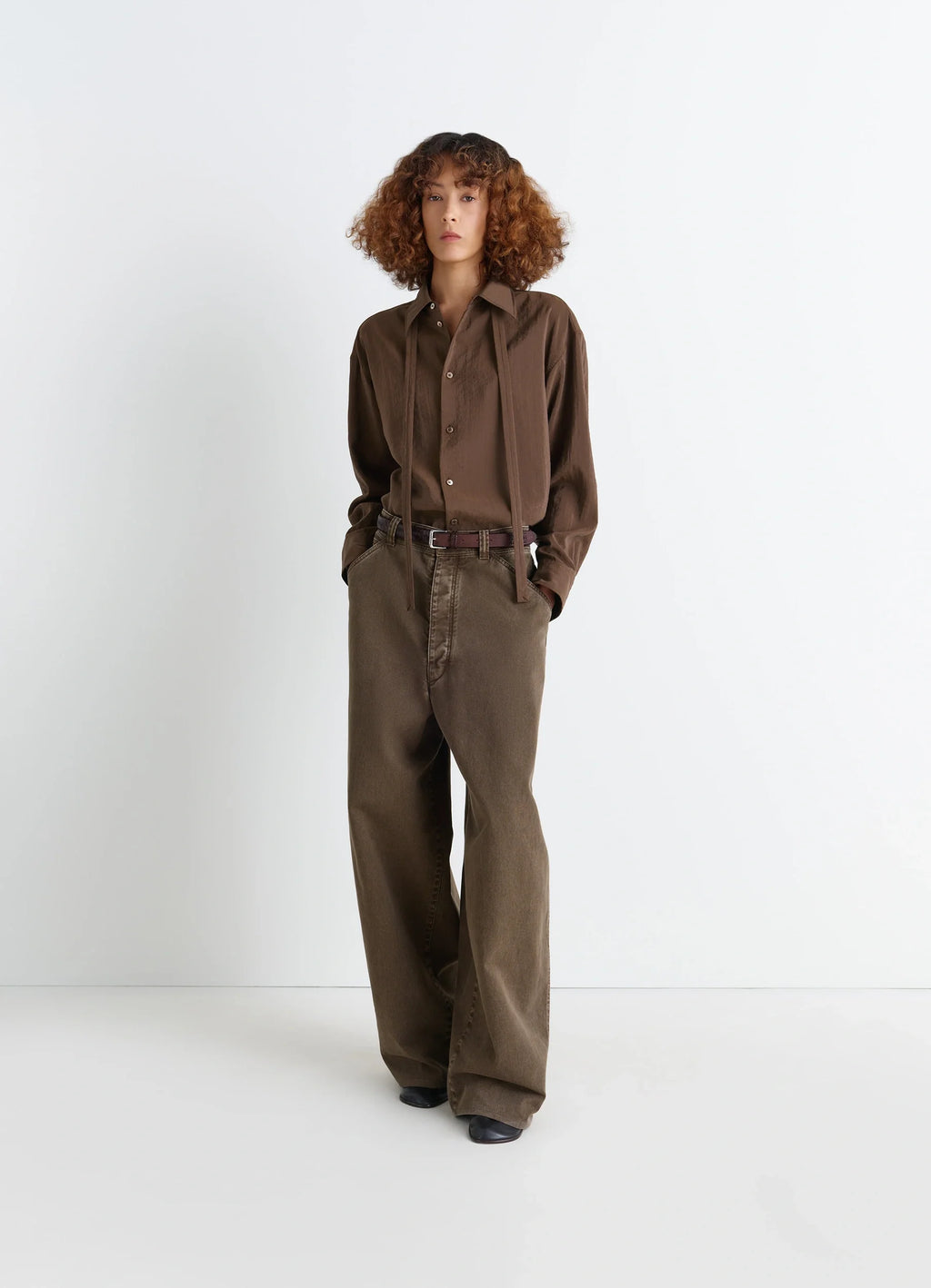 Lemaire Long Shirt with Tie in Dry Silk Blend, model shot, three-quarter view necktie-style tie