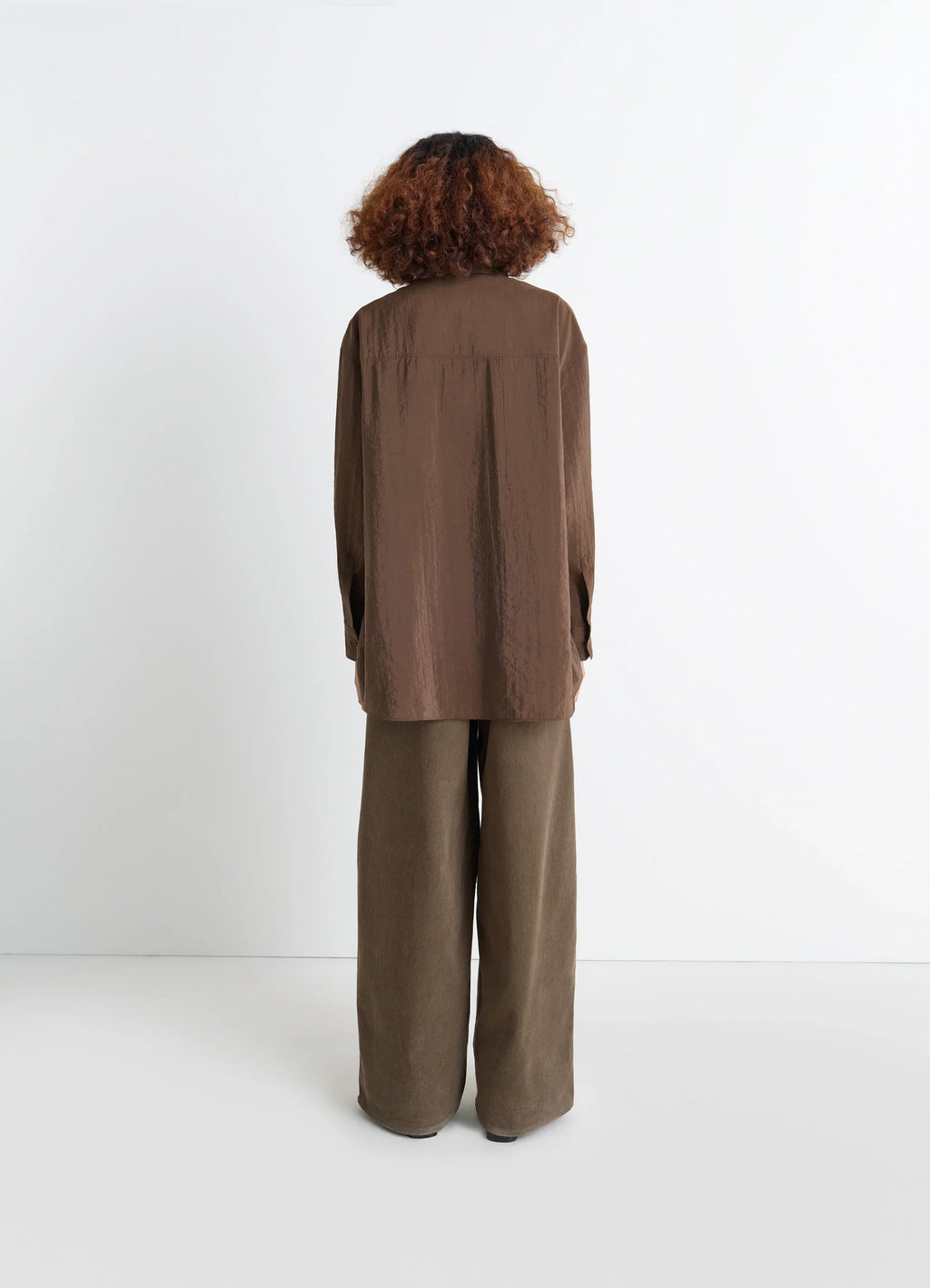 Lemaire Long Shirt with Tie in Dry Silk Blend, model shot, back view crinkled texture