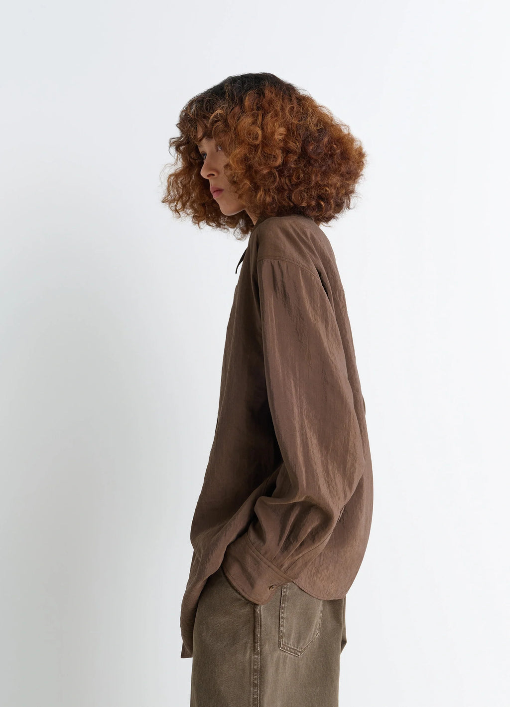 Lemaire Long Shirt with Tie in Dry Silk Blend, model shot, side profile view soft silhouette drape