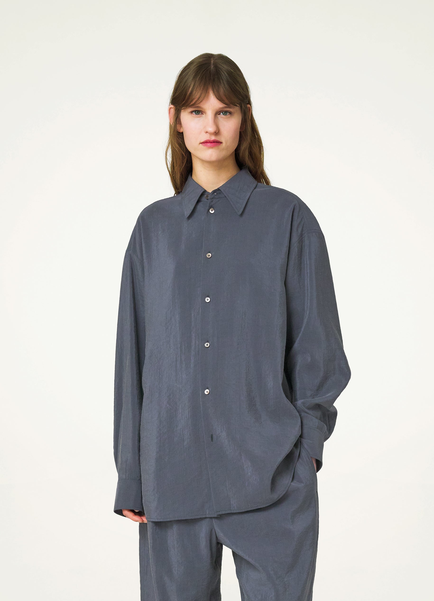 Asphalt Grey Long Shirt With Tie in Dry Silk | LEMAIRE