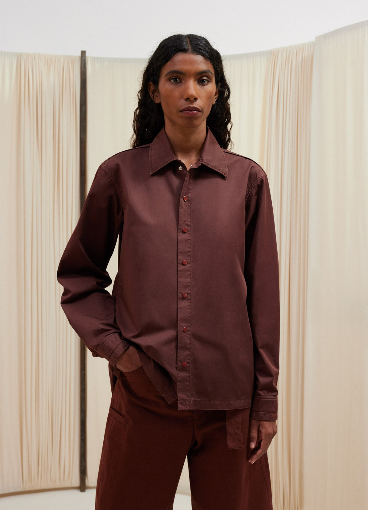 Lemaire Shirt with Snaps in Light Cotton Satin, model shot, Front view Slightly curved sleeves
