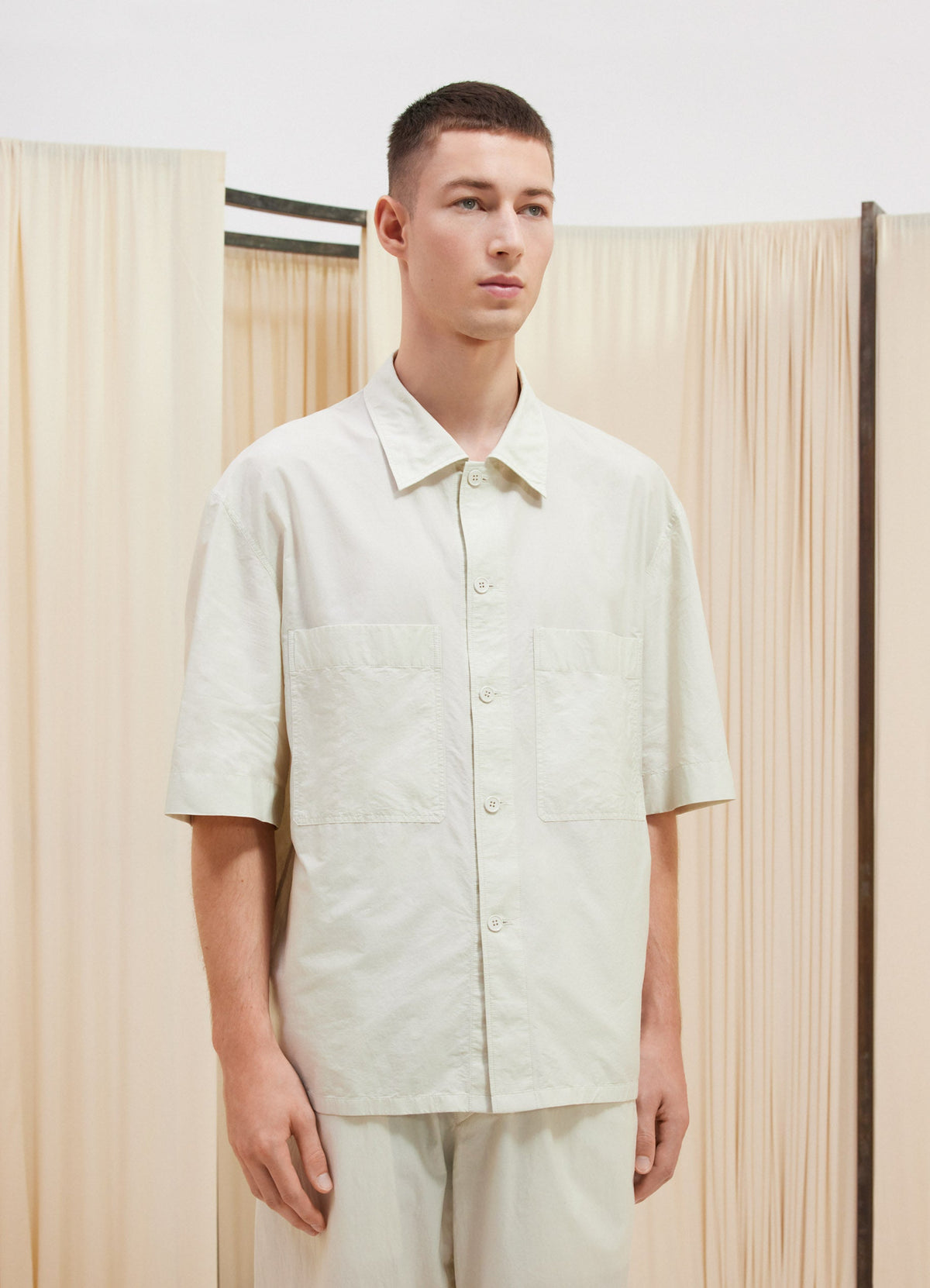 Lemaire Short Sleeves Pyjama Shirt in Light Cotton Silk Blend, model shot, Front view Patch pockets loose fit