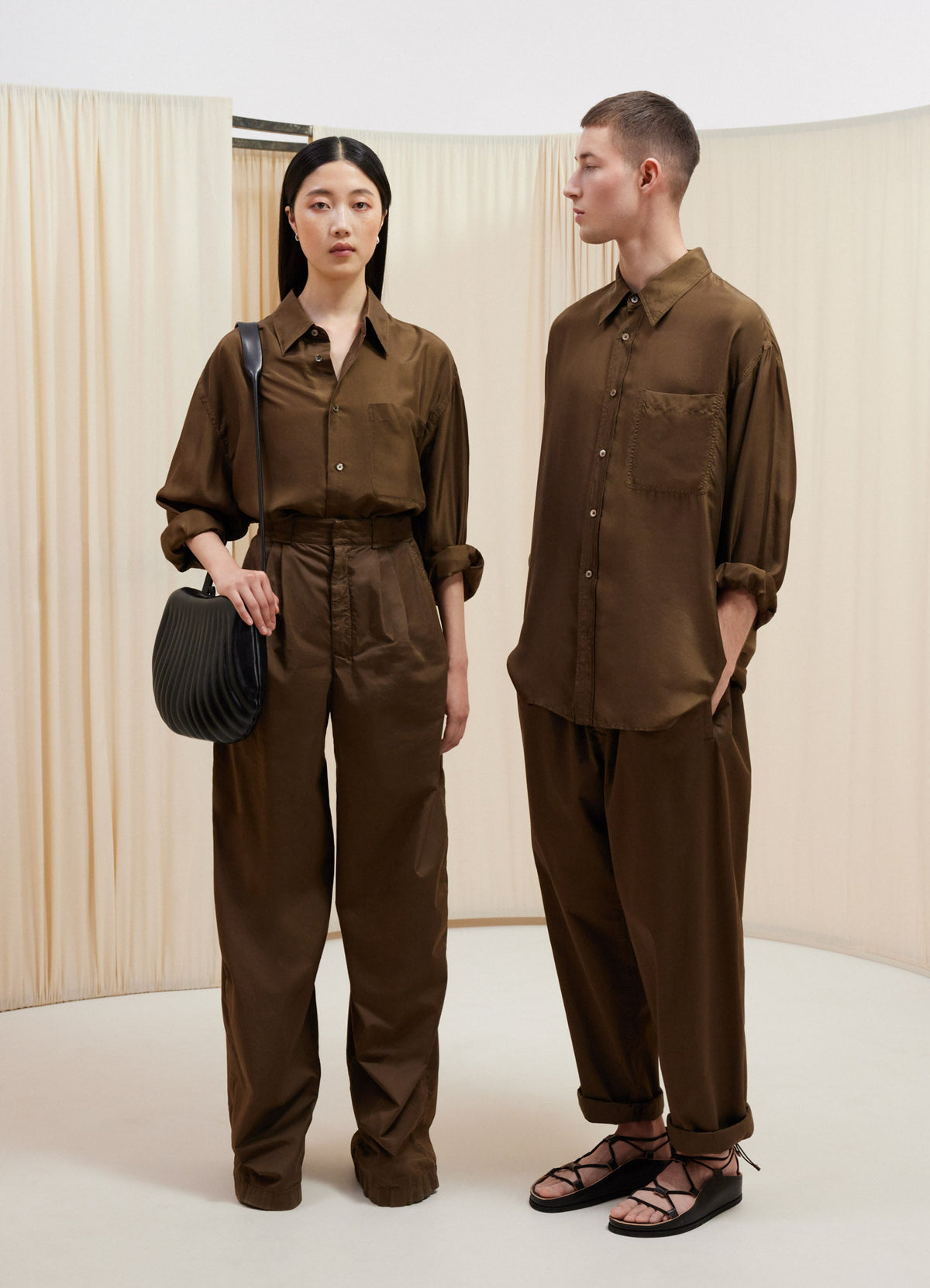 Lemaire Loose Shirt in Dark Brown Habotai Silk, model shot, Front view Unisex classic collar