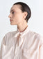 Lemaire Short Sleeve Shirt with Fou in Lightweight Washed Cotton Poplin, model shot, Side view Relaxed fit with scarf collar