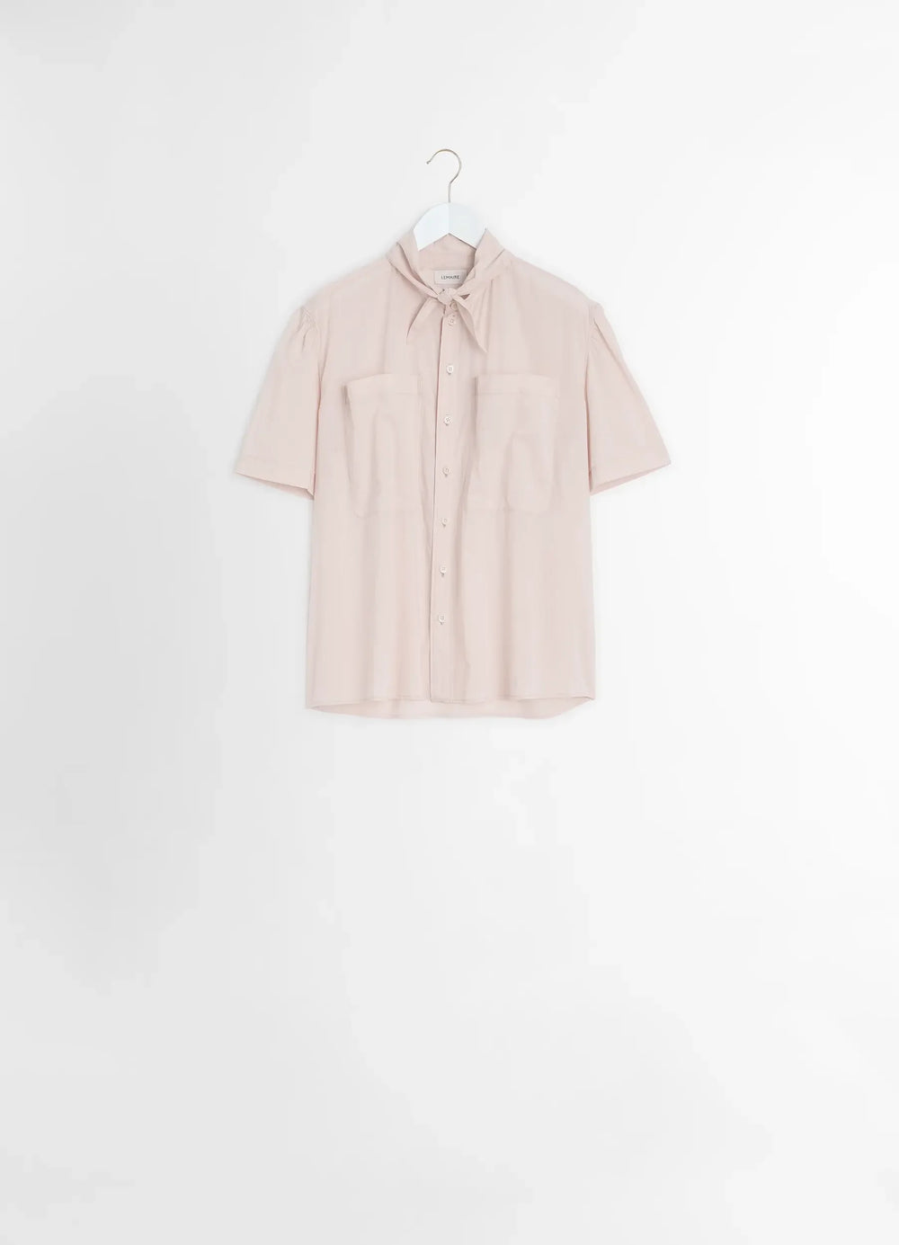 Lemaire Short Sleeve Shirt with Fou in Lightweight Washed Cotton Poplin, product shot, hanger display view twin pocket front