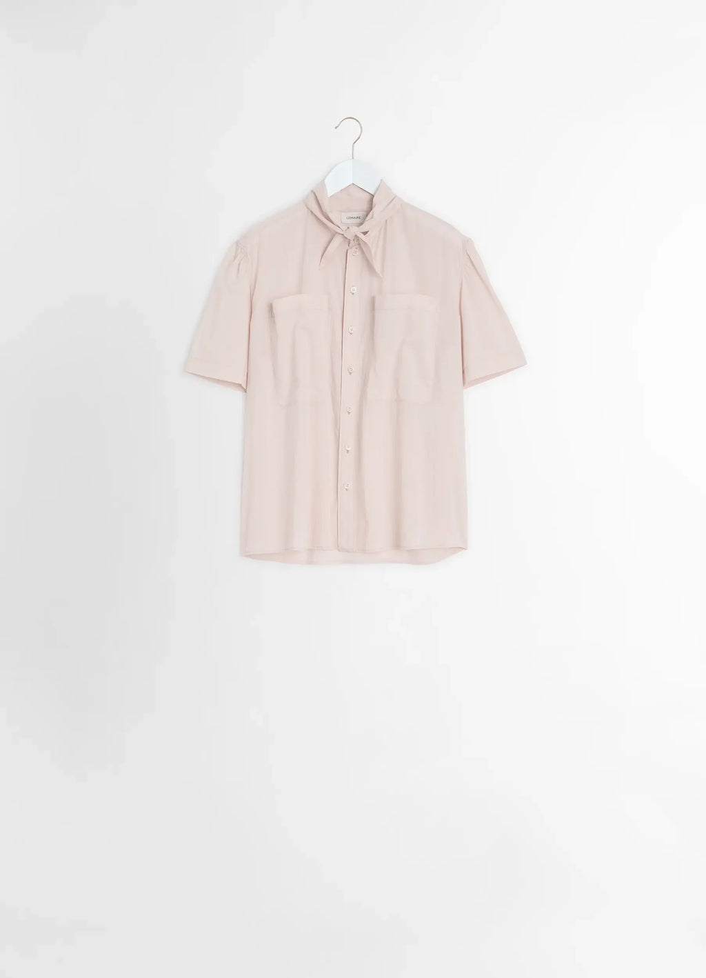Lemaire Short Sleeve Shirt with Fou in Lightweight Washed Cotton Poplin, product shot, hanger display view twin pocket front