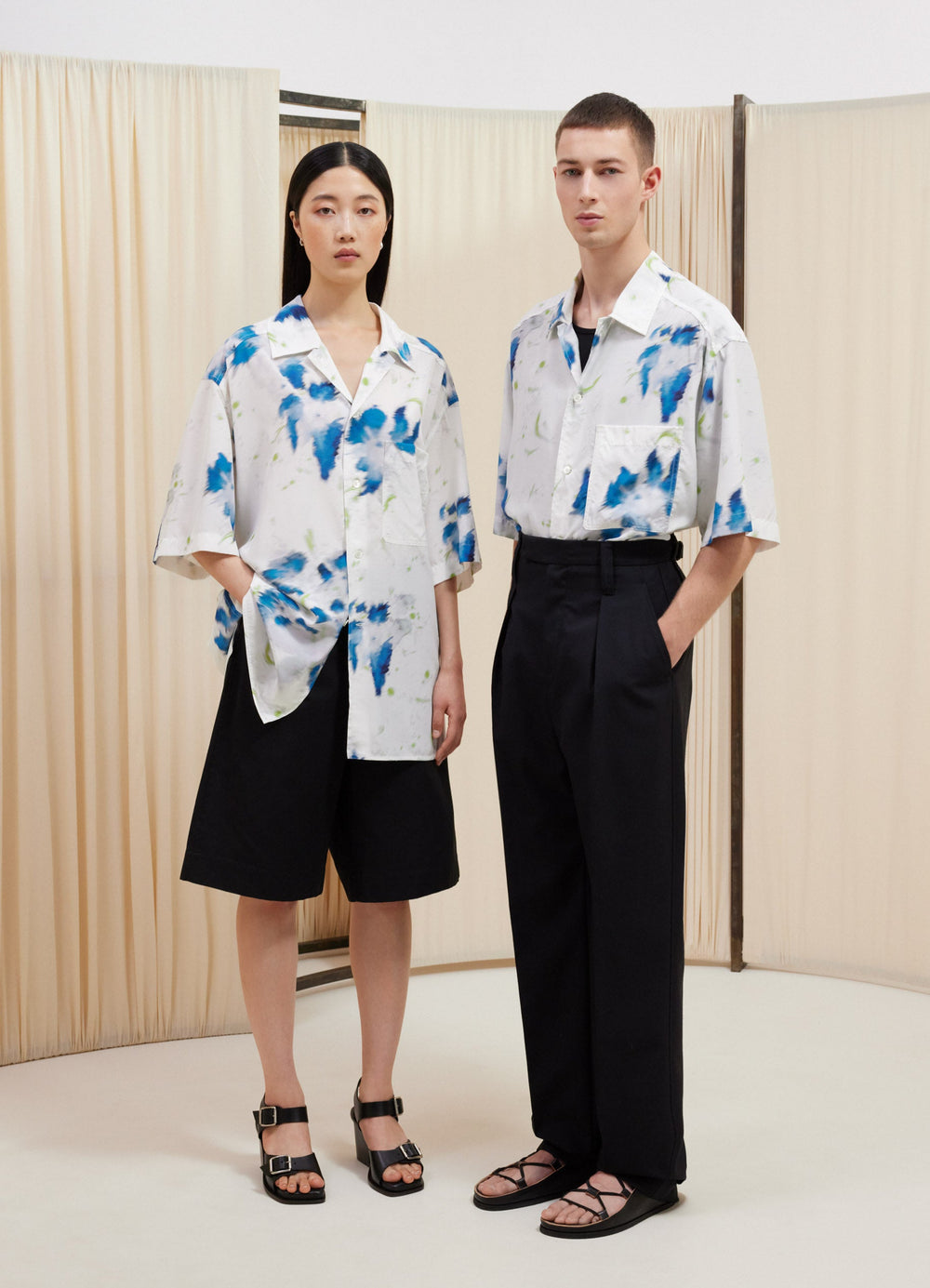 Lemaire Summer Shirt in Blurry Flowers Silky Viscose, model shot, front view short sleeve workwear collar