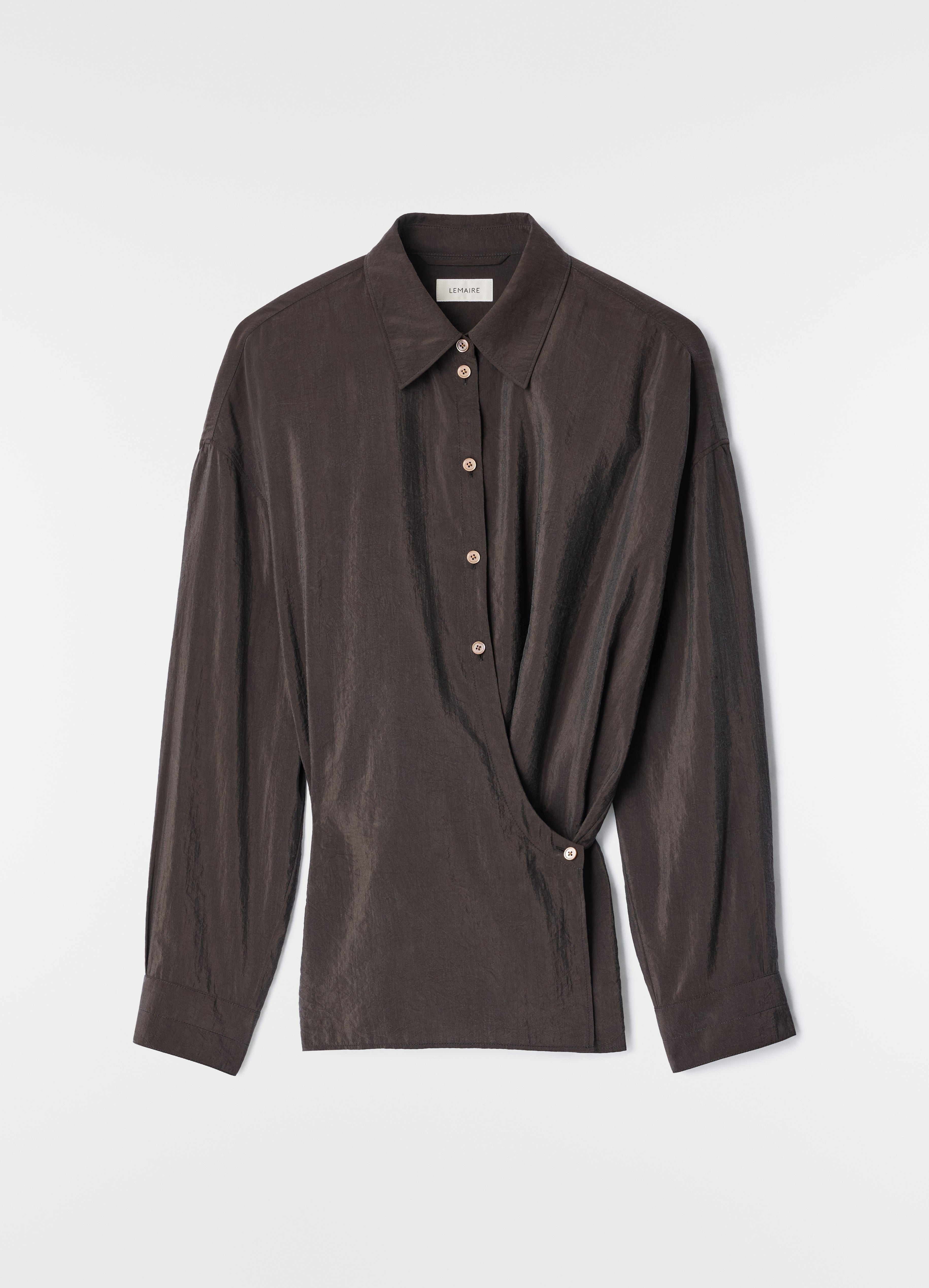 STRAIGHT COLLAR TWISTED SHIRT IN DRY SILK - Licorice - Dry Silk