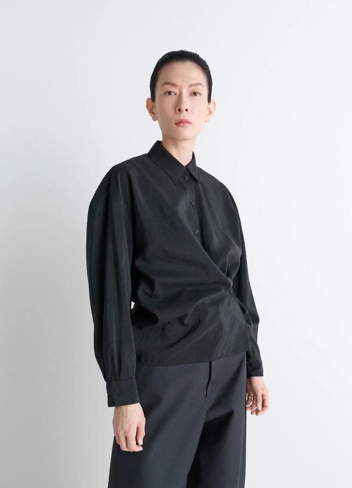Lemaire Straight Collar Twisted Shi in Black Dry Silk Blend, model shot, Front view Twisted front detail