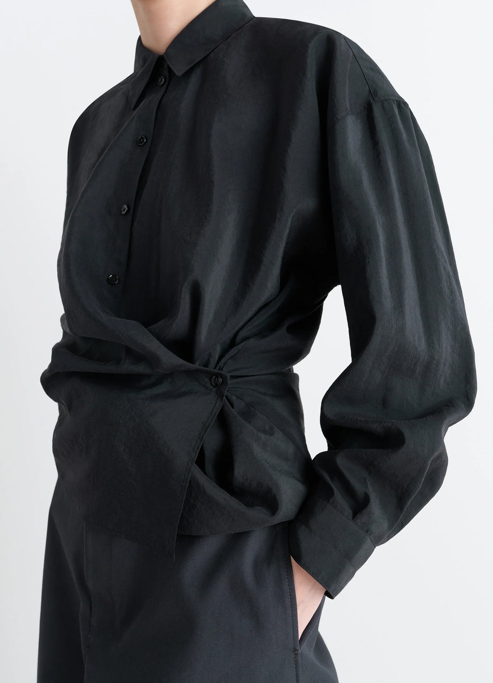 Lemaire Straight Collar Twisted Shi in Black Dry Silk Blend, model shot, side view gathered waist design