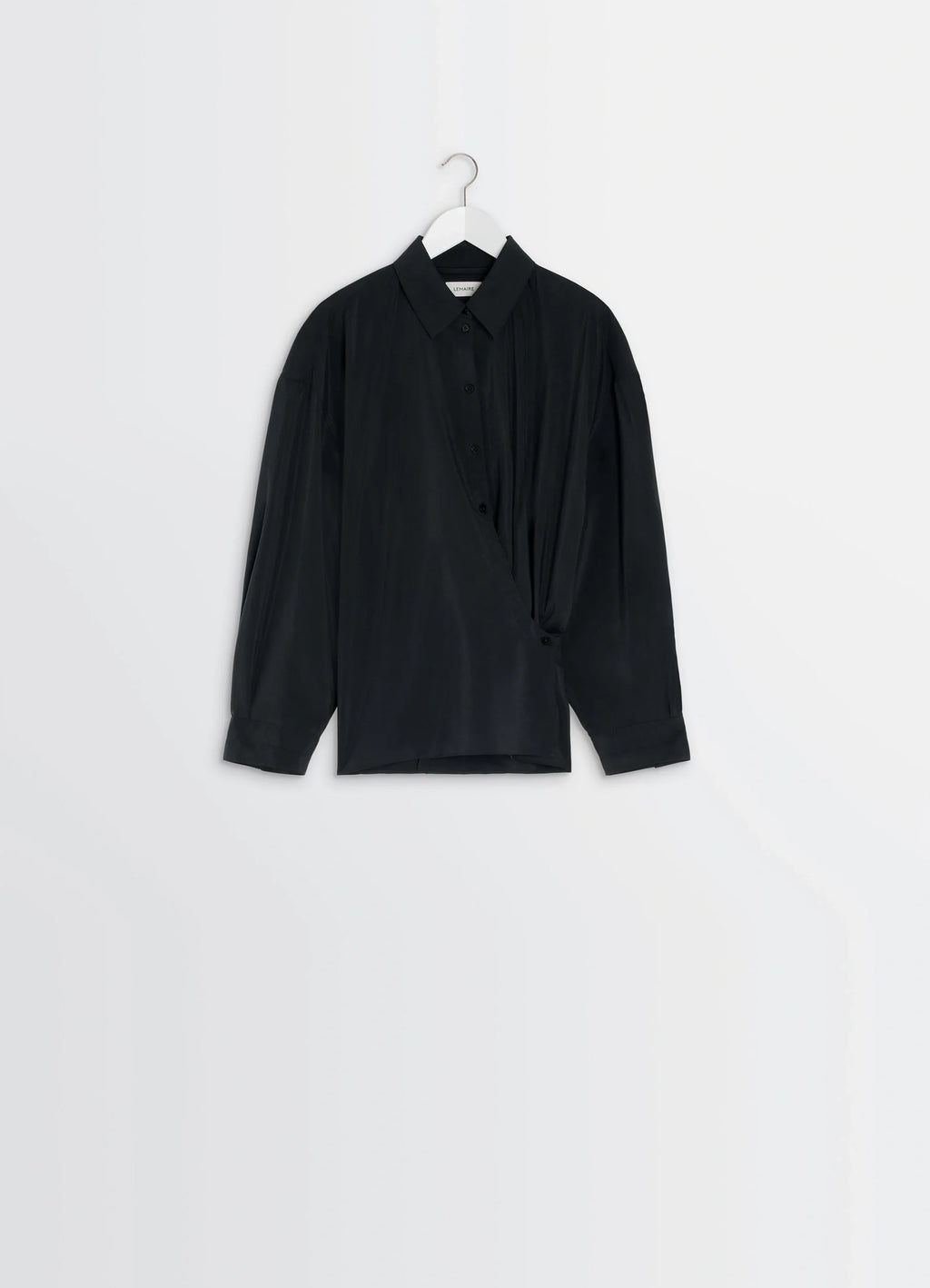 Lemaire Straight Collar Twisted Shi in Black Dry Silk Blend, product shot, hanger view asymmetrical drape visible