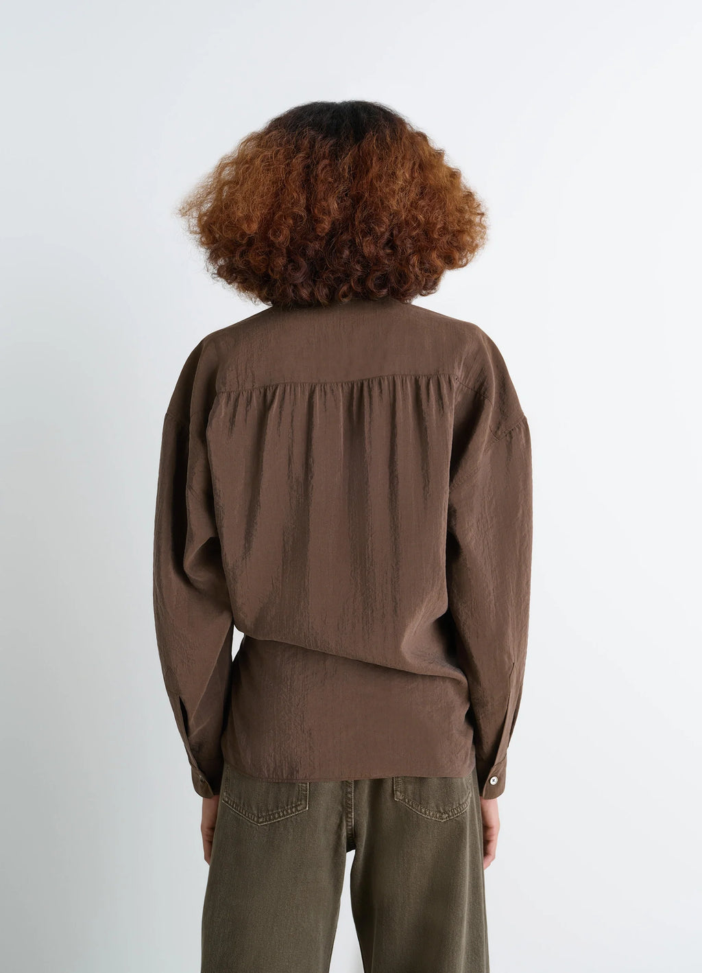 Lemaire Straight Collar Twisted Shi in Dry Silk Blend, model shot, back view gathered shoulder detail