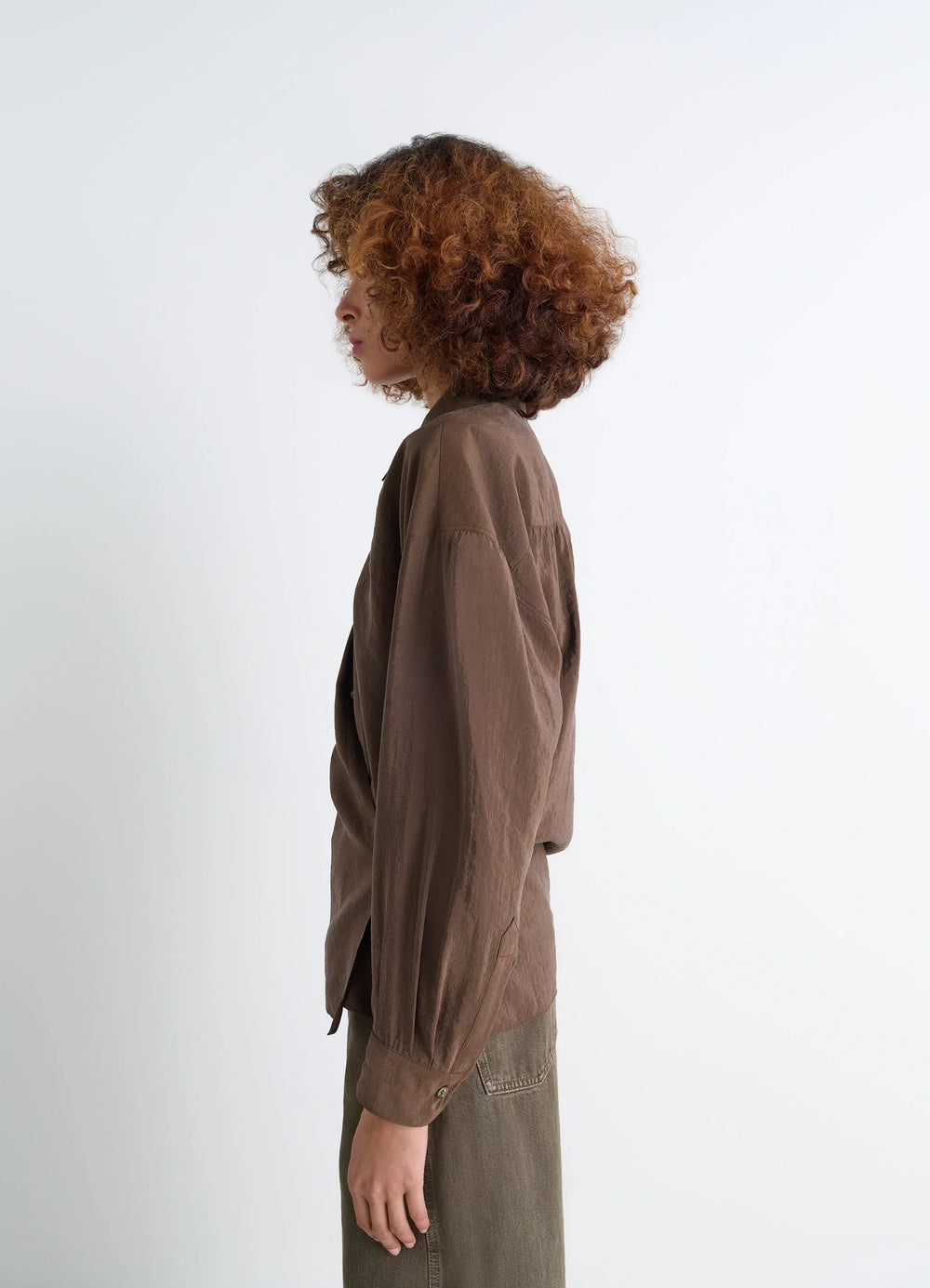 Lemaire Straight Collar Twisted Shi in Dry Silk Blend, model shot, side-view shoulder yoke seam