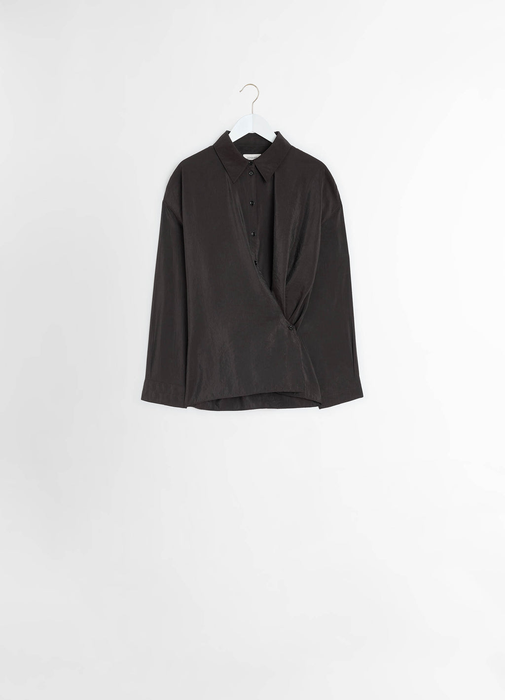 Straight Collar Twisted Shirt in Dark Brown Material, product shot, Front view Twisted design