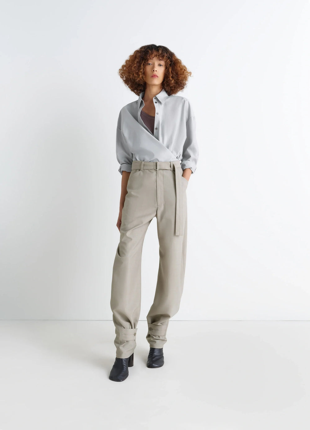 Lemaire Twisted Shirt in Cotton-Silk Light Patina, model shot, full body view cross-button wrap