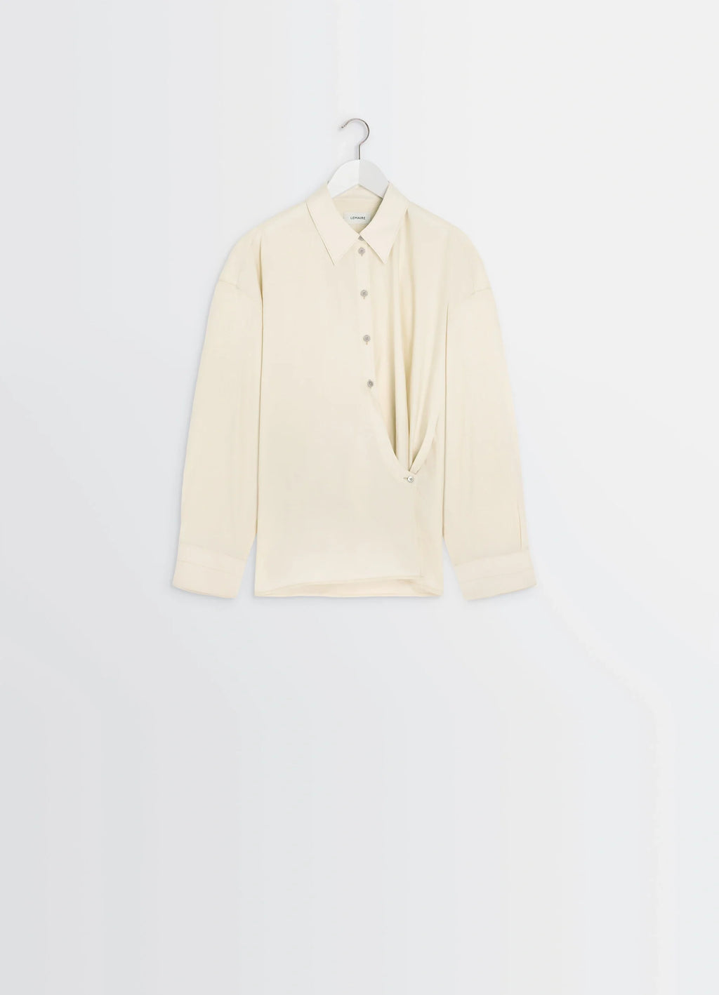 Lemaire Straight Collar Twisted Shi in Cream Washed Cotton-Silk, product shot, detail shot button-up asymmetrical cut