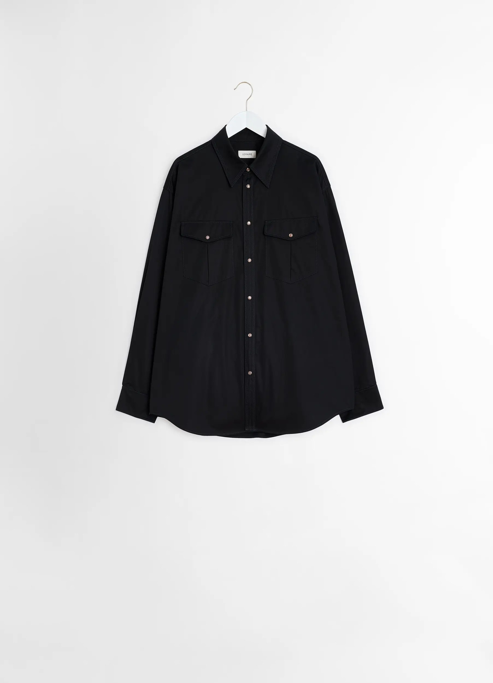 Western shirt in black cotton satin, product shot, top-down view classic collar