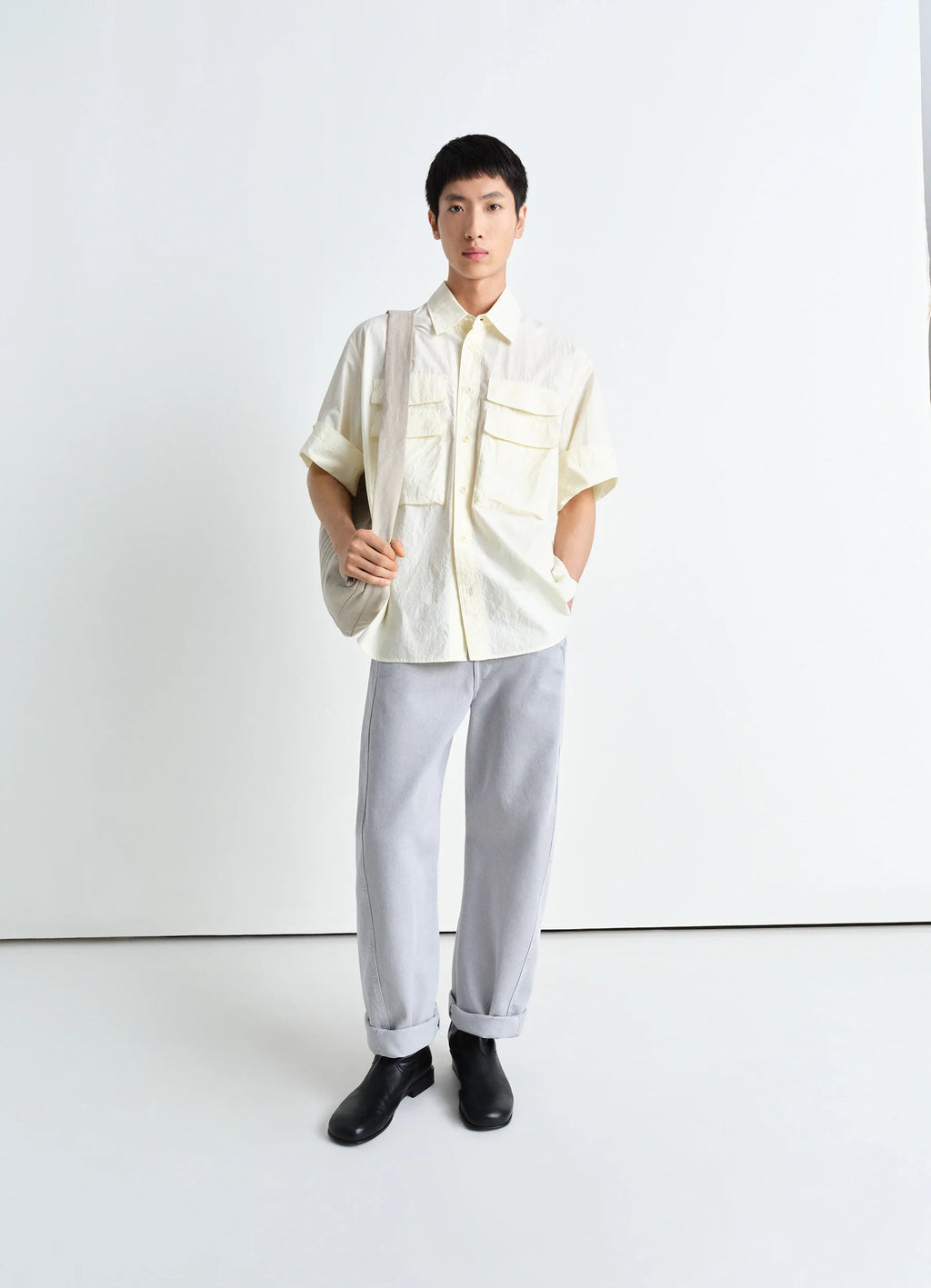 Utility Shirt in Light Cotton Crepe, model shot, full body view rolled cuffs, relaxed fit