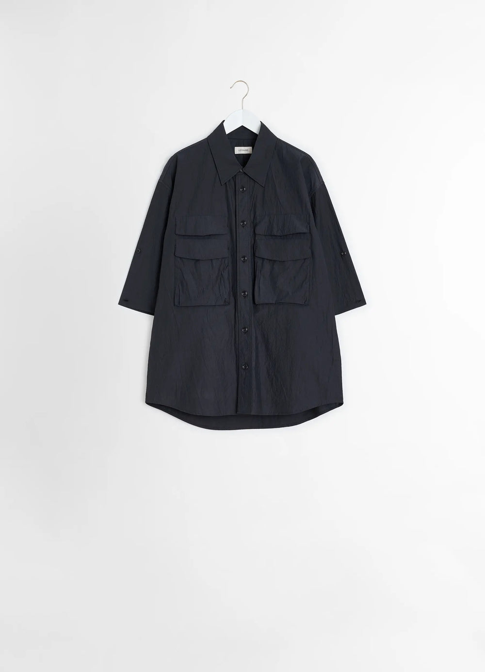 Utility Shirt in Dark Cotton Crepe, product shot, hanger display view half sleeve with cuffs