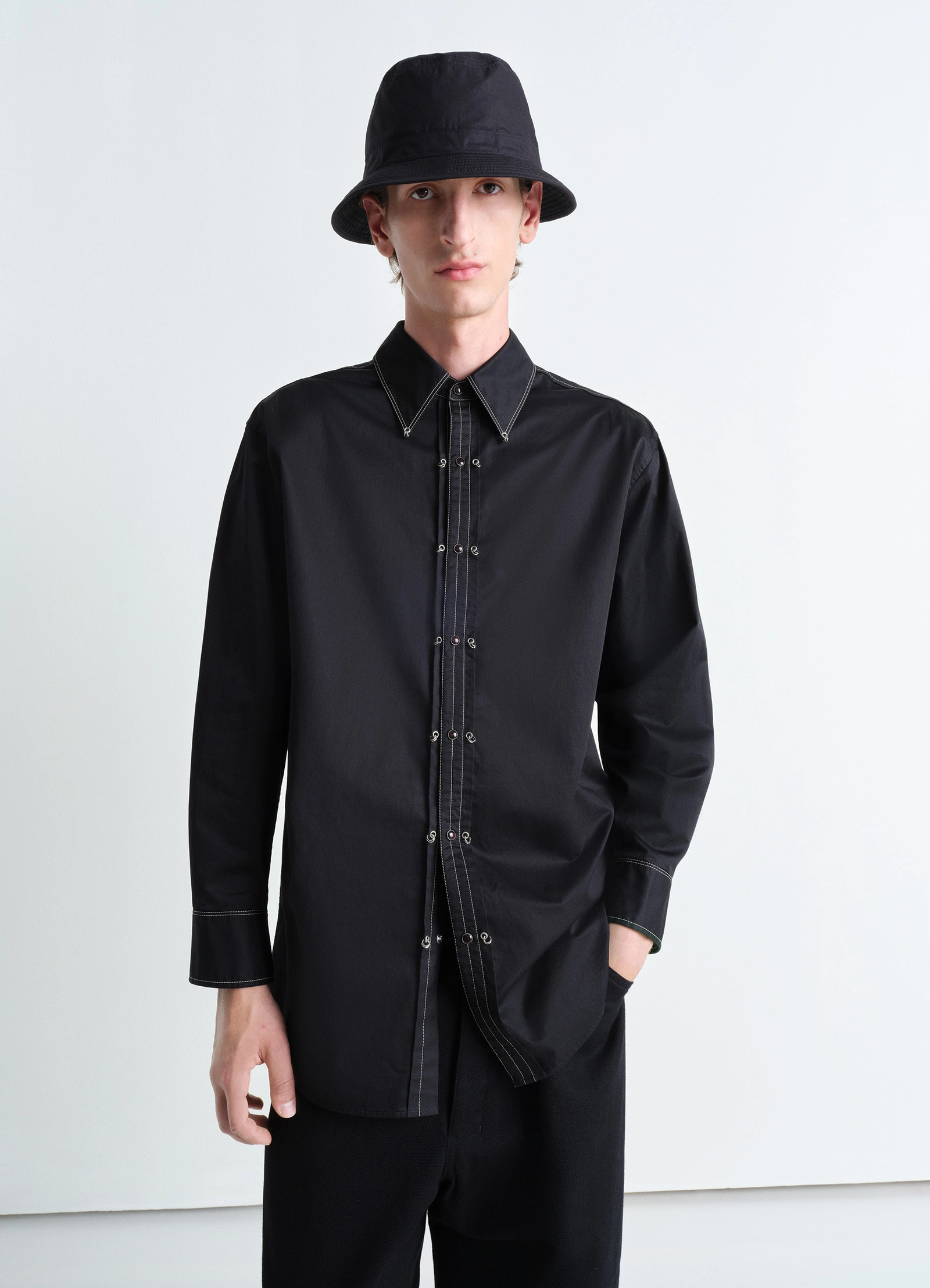 Embellished metal shirt in black cotton satin, model shot, front view contrast stitching visible