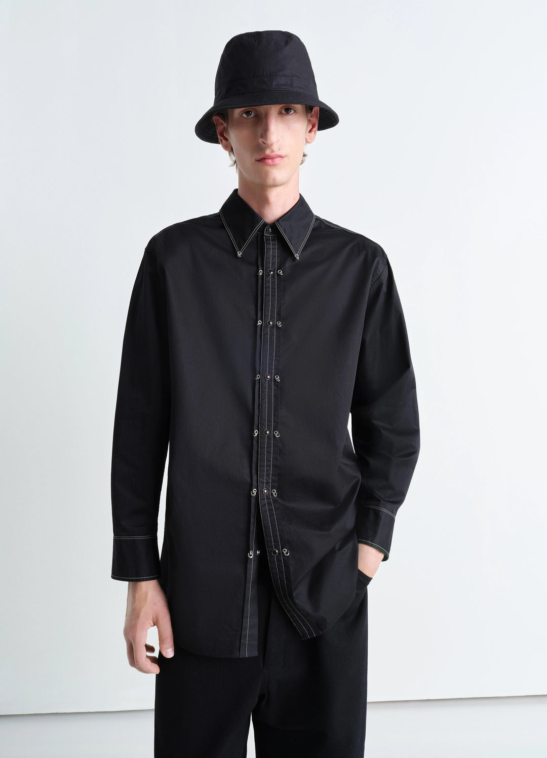 Embellished Metal Shirt in Black Cotton Satin, model shot, Front view Contrast stitching visible