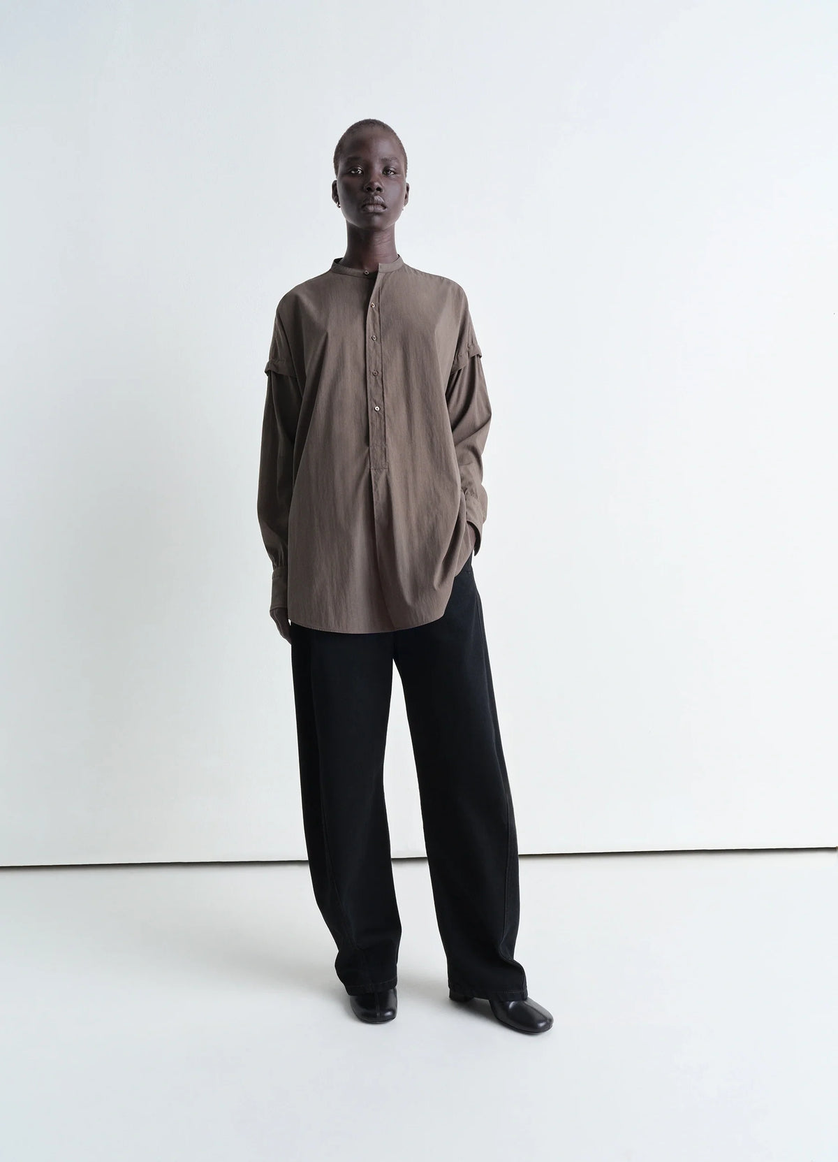 LONG SHIRT WITH HALF PLACKET - Walnut - Technical Lyocell - Women LONG SHIRT WITH HALF PLACKET - Walnut - Technical Lyocell - Women