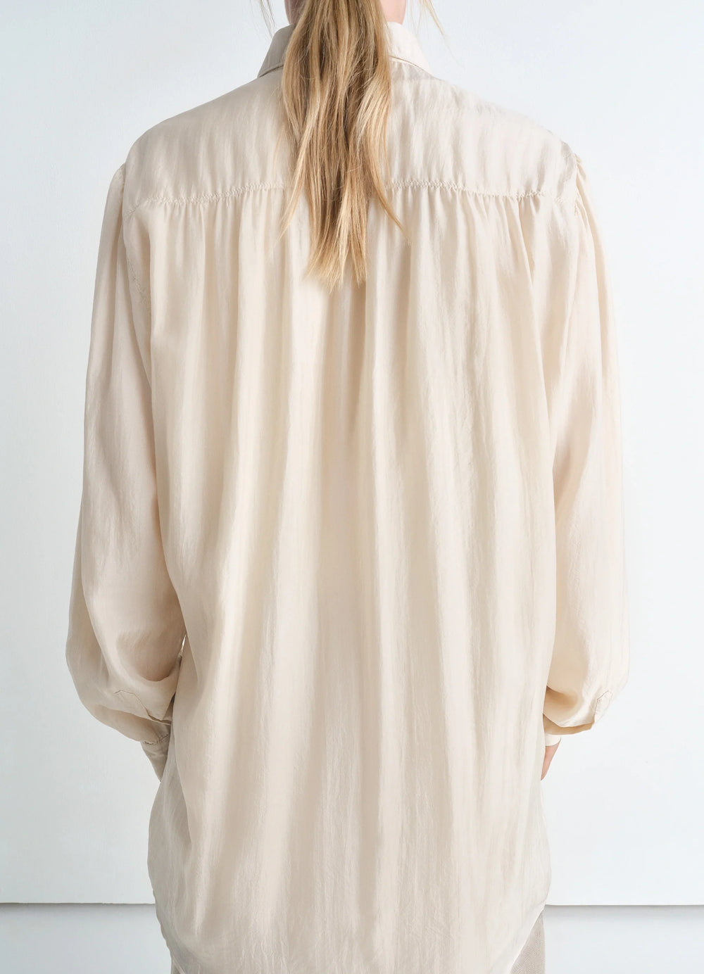 Lemaire Light Pointed Collar Shirt in Airy Light Silk Chiffon, model shot, back view gathered back yoke