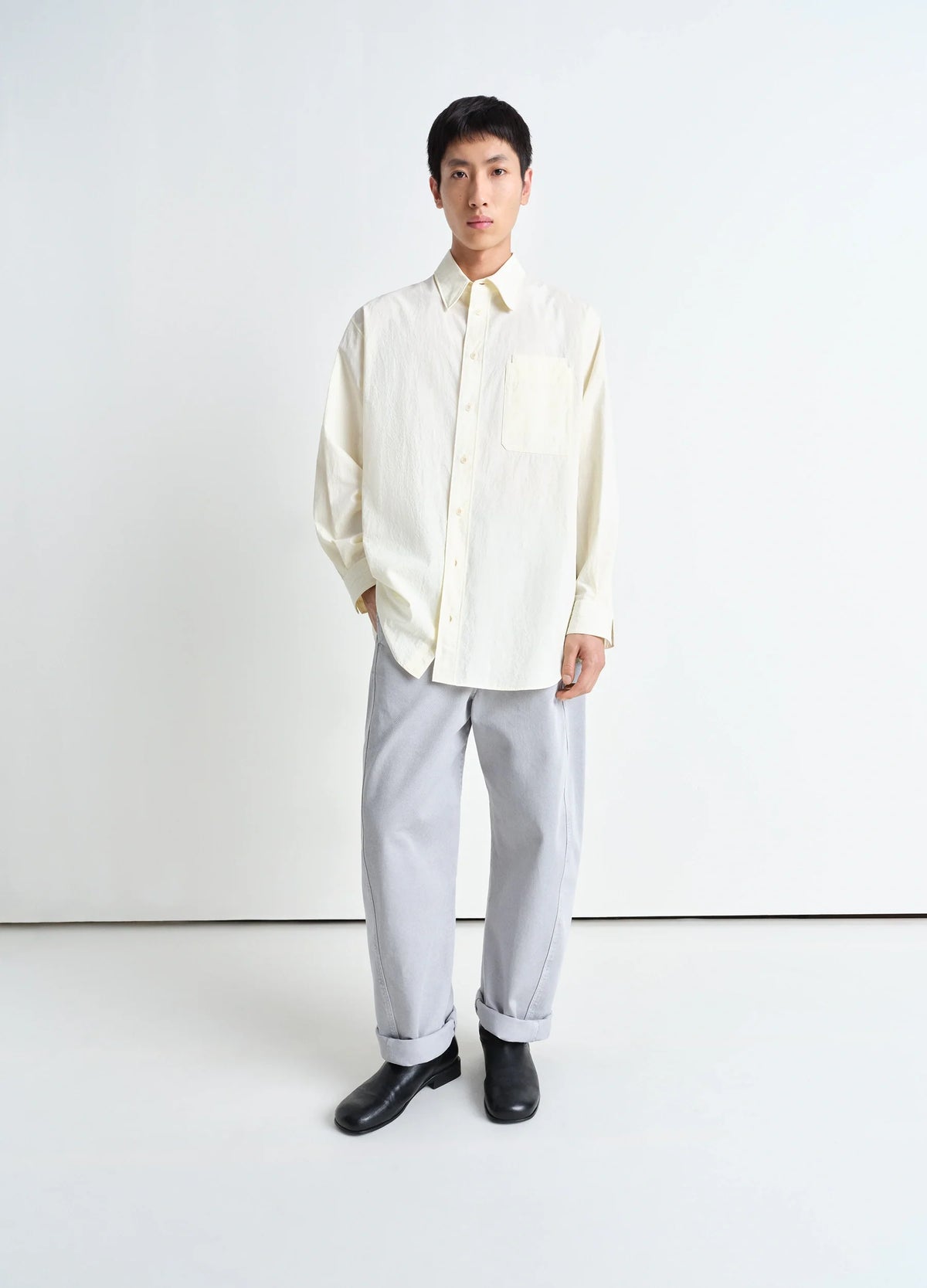 Lemaire Double Pocket Shirt in Light Fluid Cotton Crepe, model shot, Front view Relaxed long fit